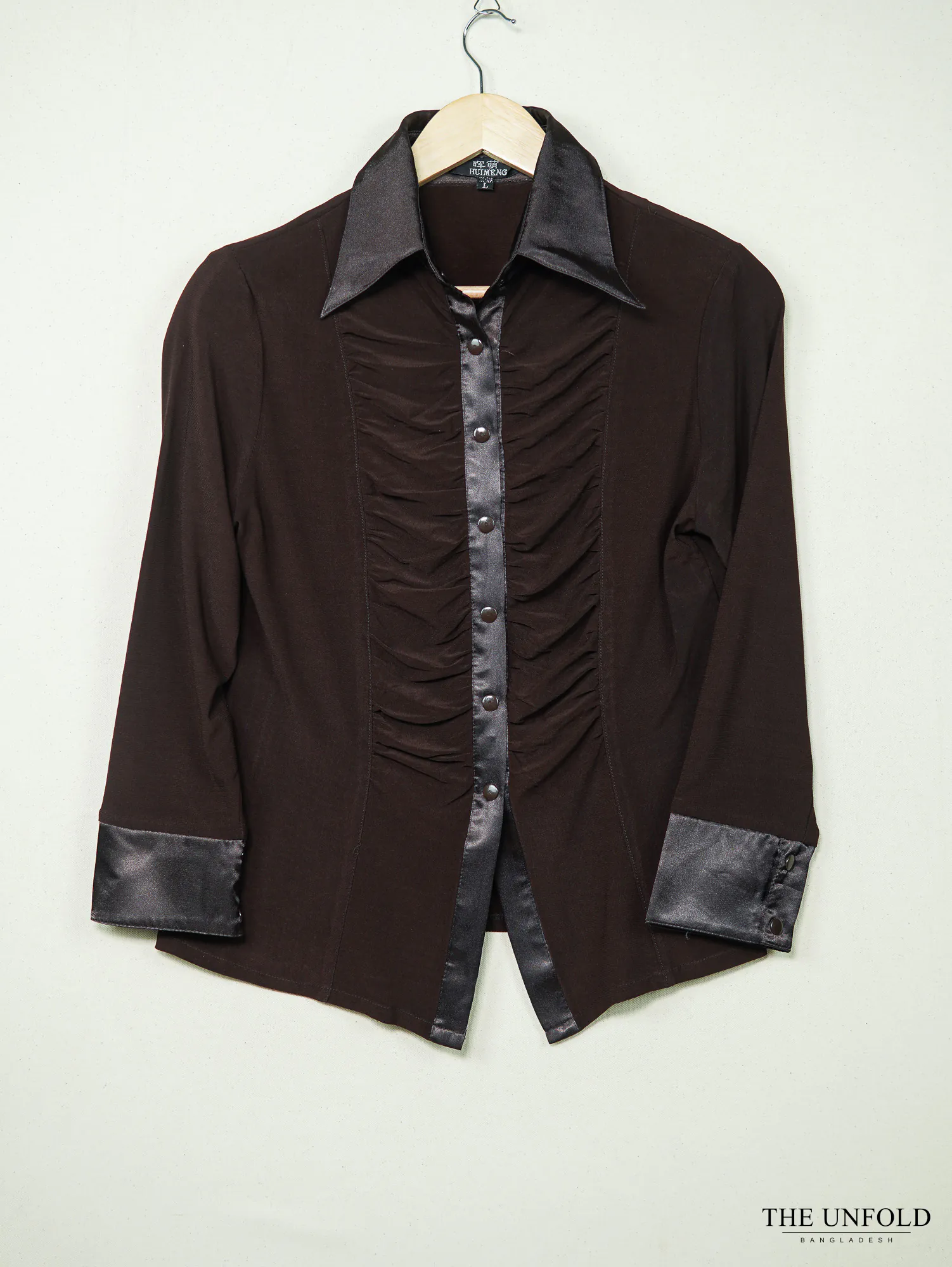 Brown Ruched Button-Down Women Shirt