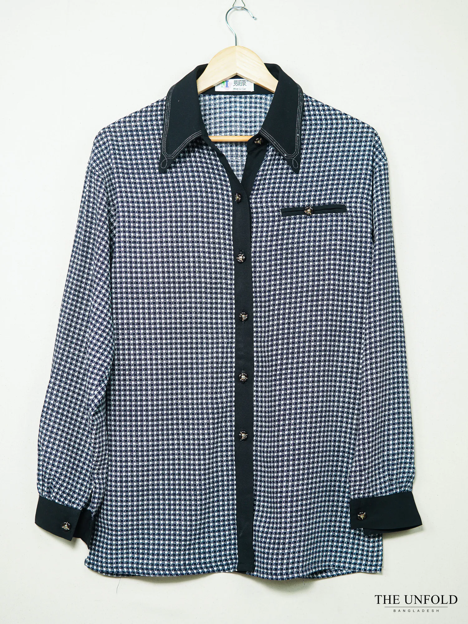 Navy Blue Contrast Collar Printed Women's Top