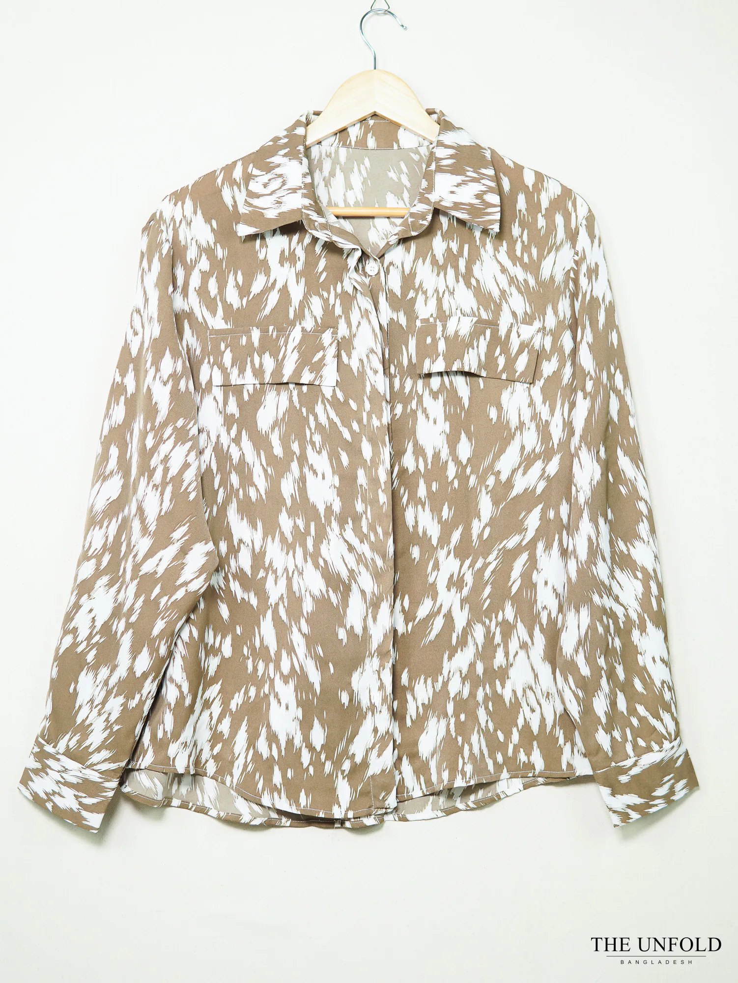 Brown and White Patterned Button-Down Women Shirt
