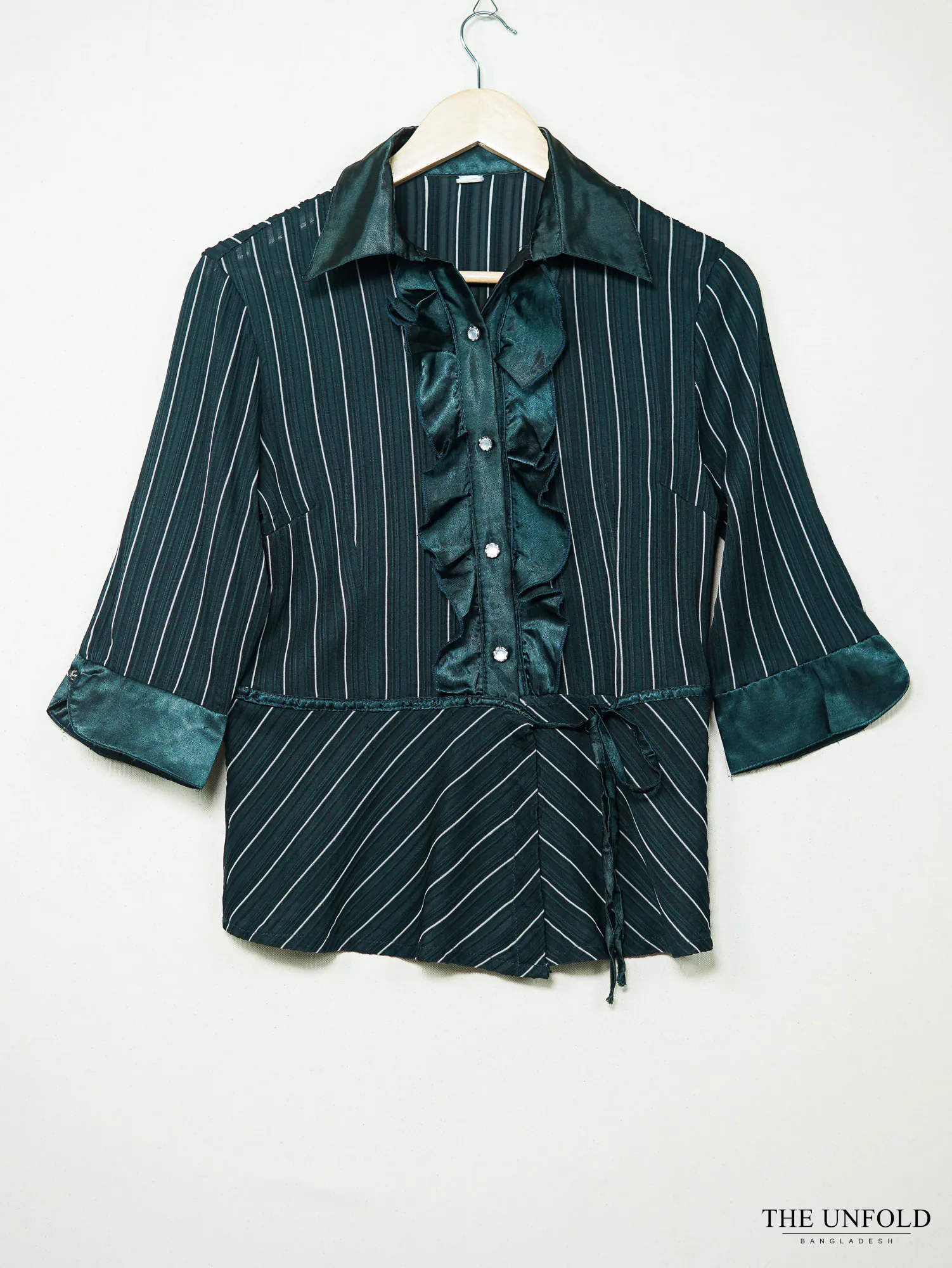 Dark Green Pinstripe Ruffle Tops