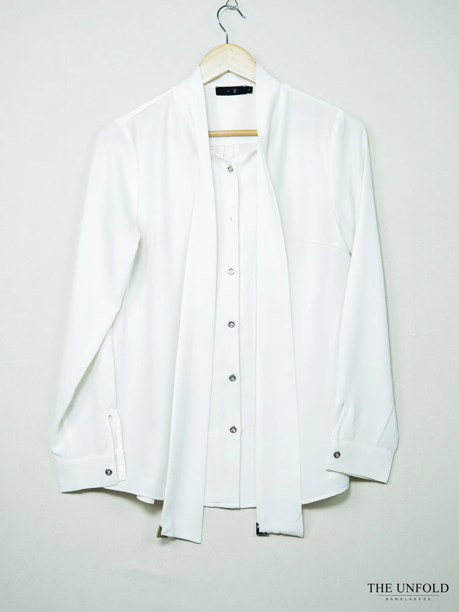 White Tie-Neck Button-Down Tops