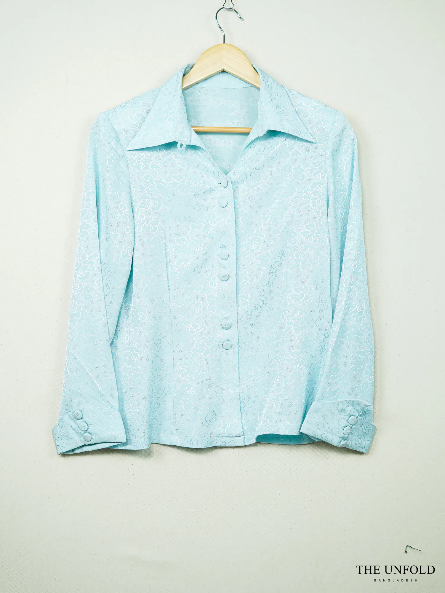 Vintage Pastel Blue Satin Textured Long-Sleeve Shirt