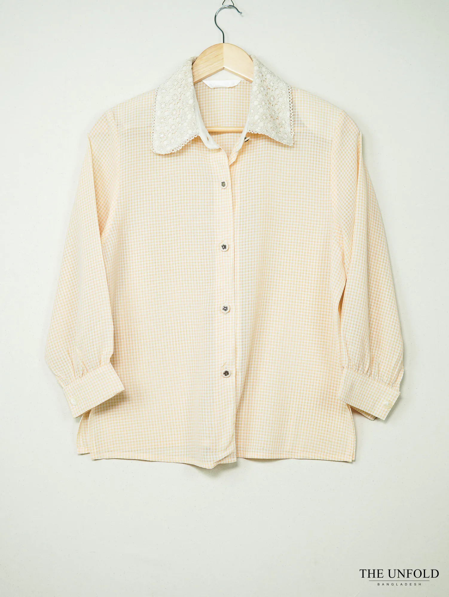 Pastel Yellow Plaid Button-Down Shirt with Crochet Collar