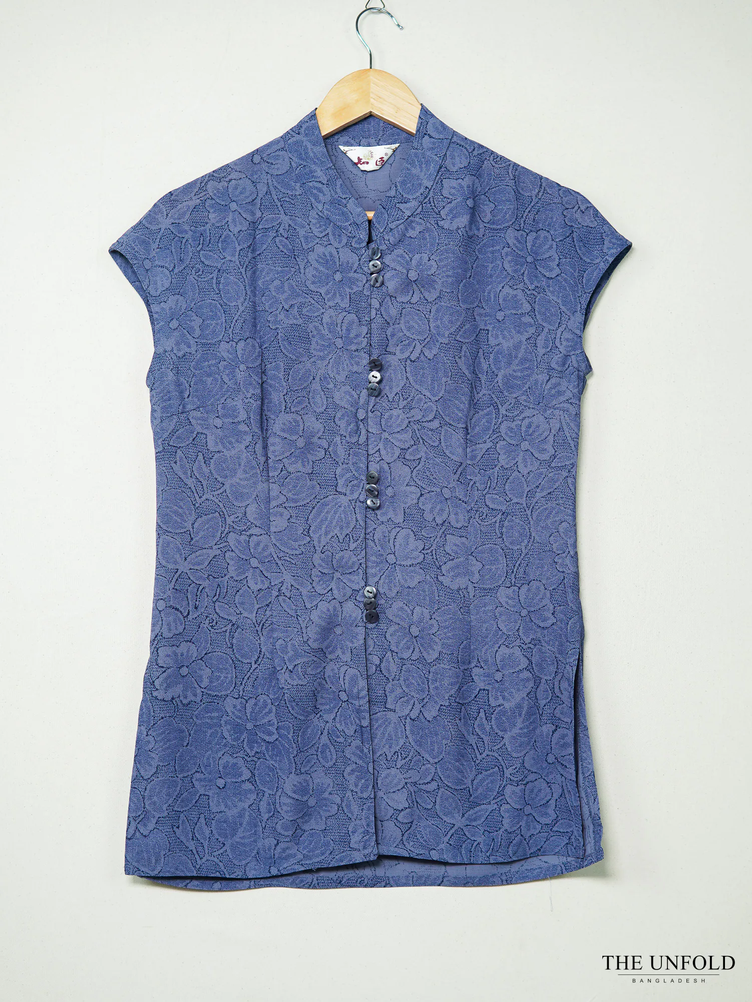 Blue Floral Lace Mandarin Collar Blouse