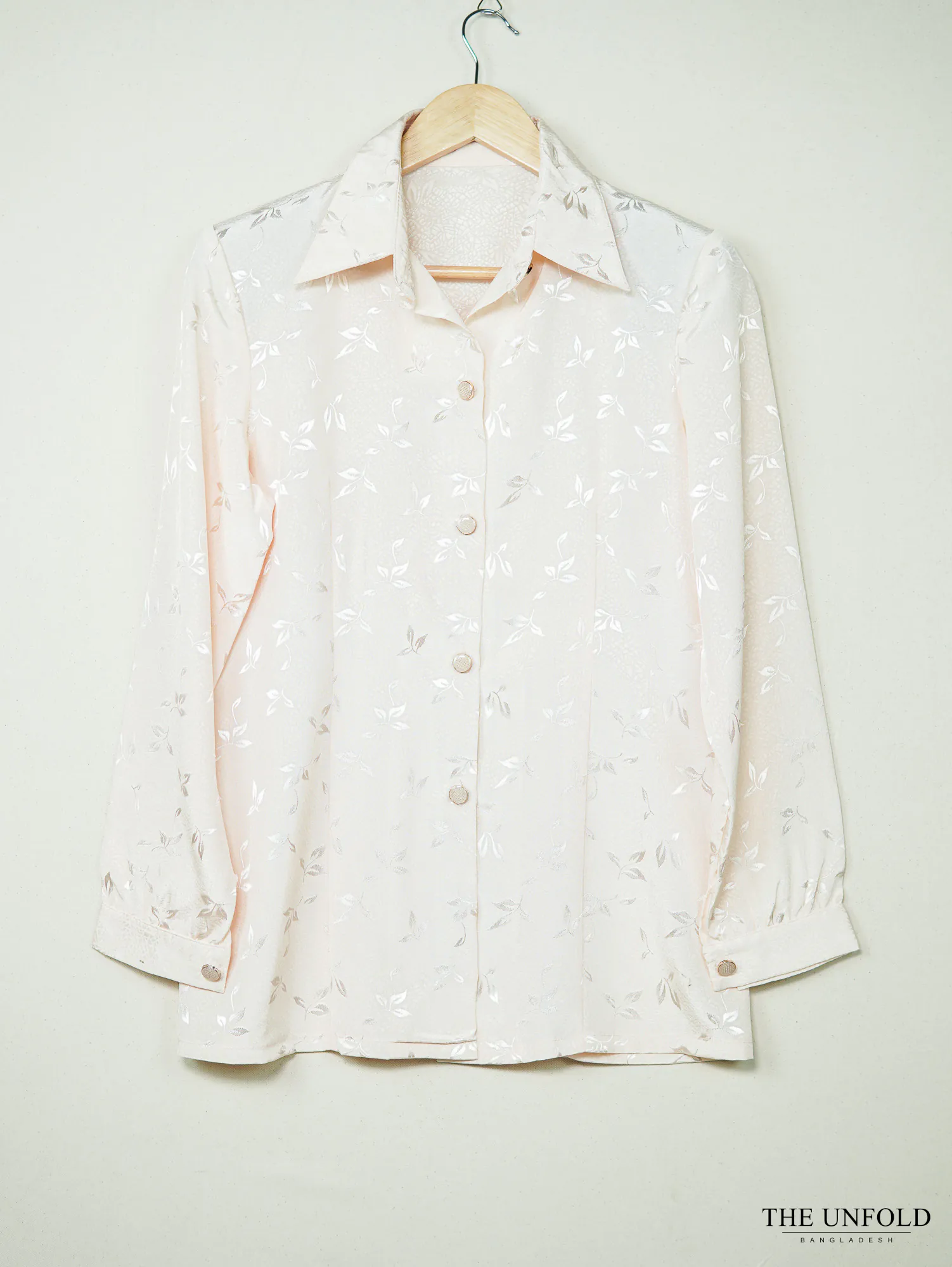 Pastel Pink Leaf Jacquard Long-Sleeve Shirt