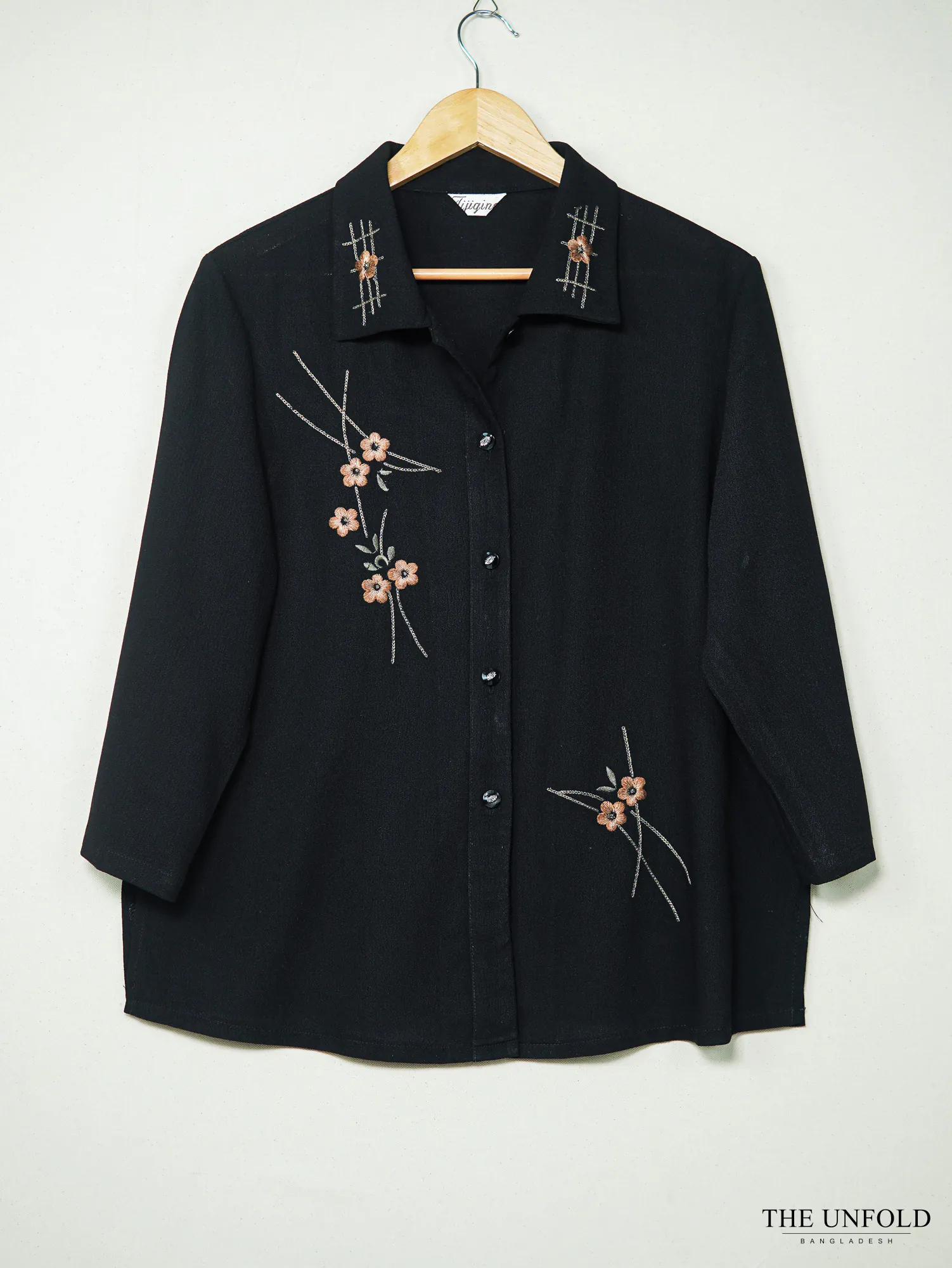 Black Floral Embroidered Button-Down Shirt