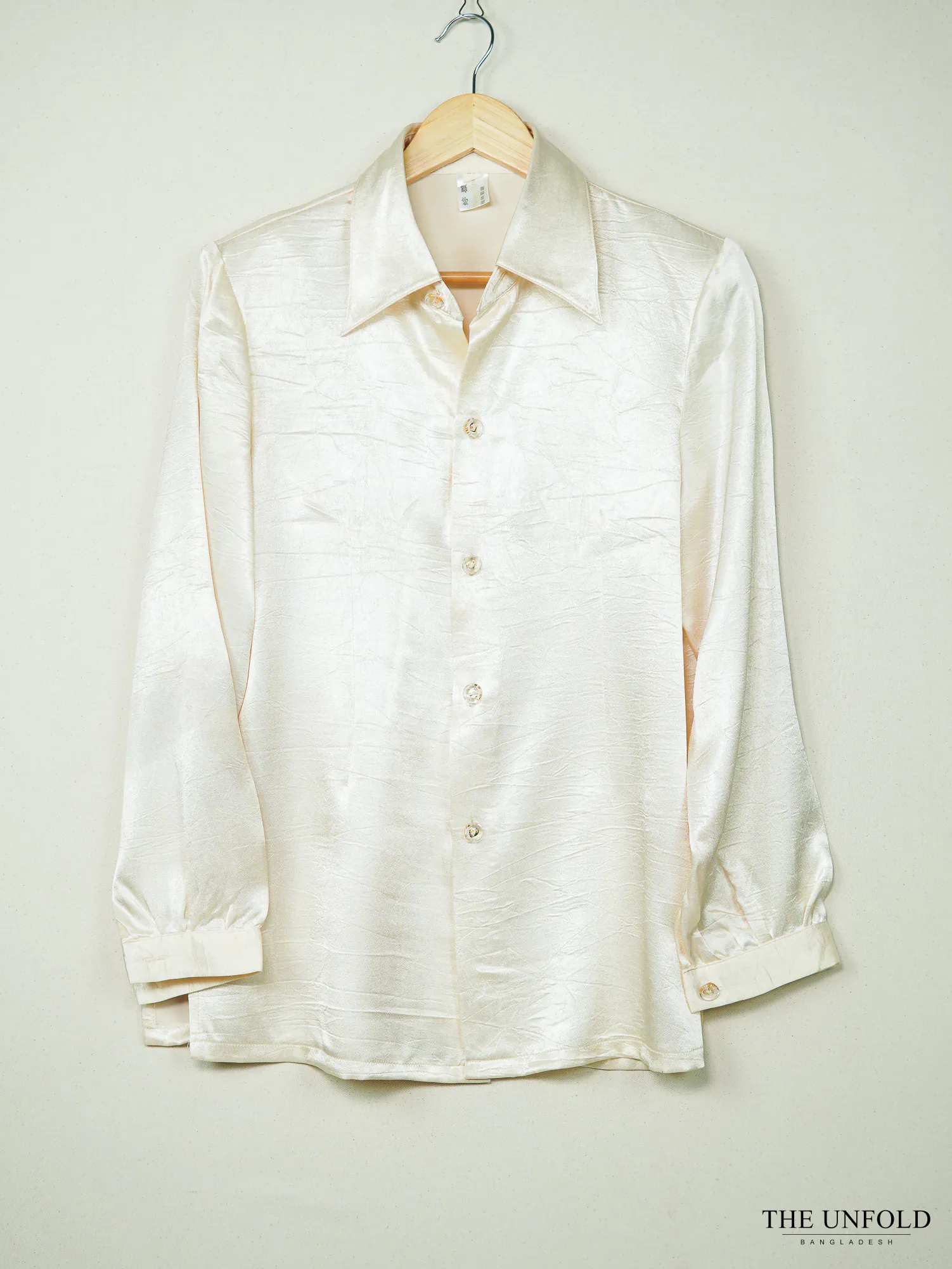 Cream Textured Satin Button-Down Shirt