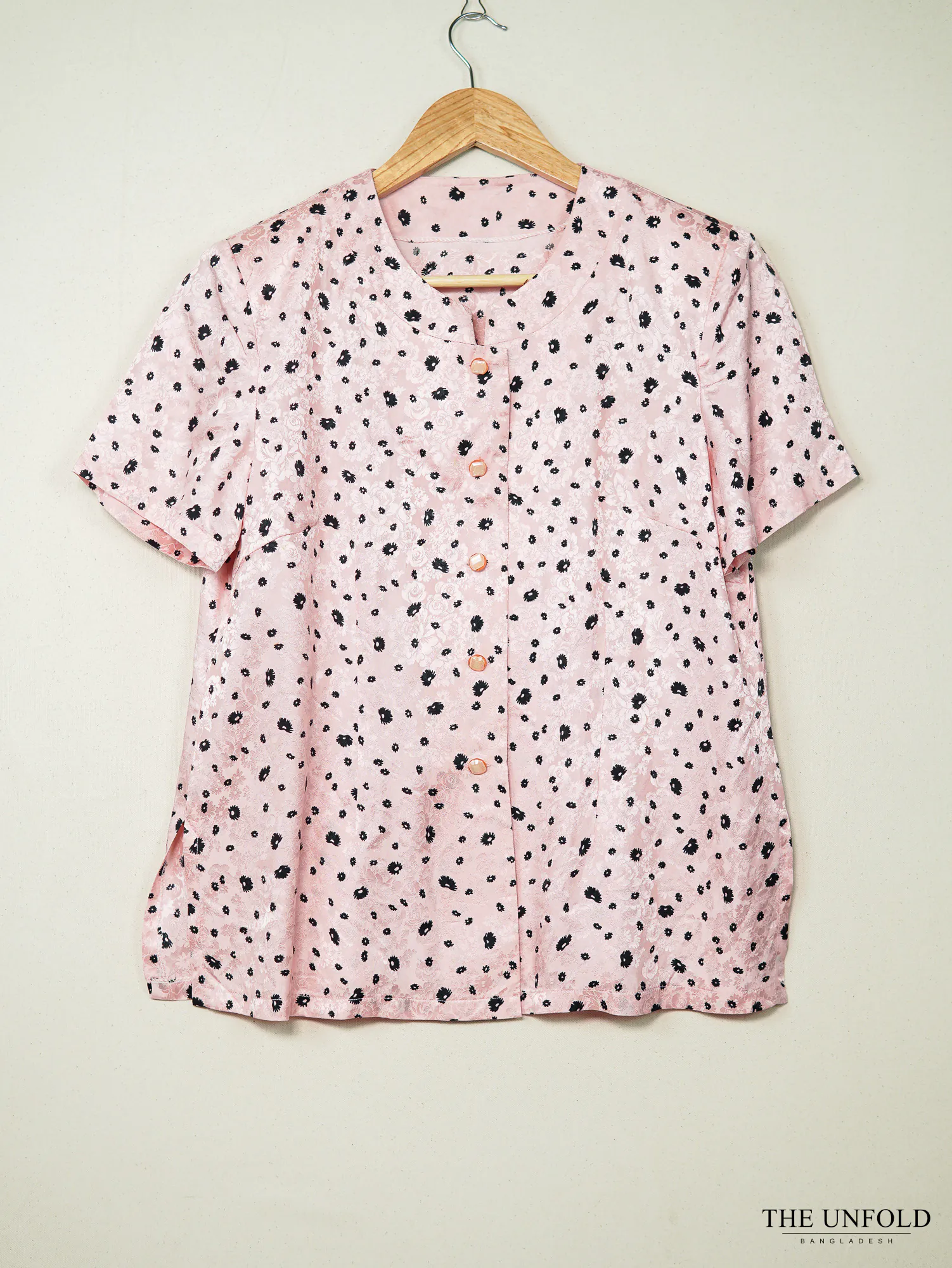 Pink Abstract Print Collarless Short-Sleeve Shirt