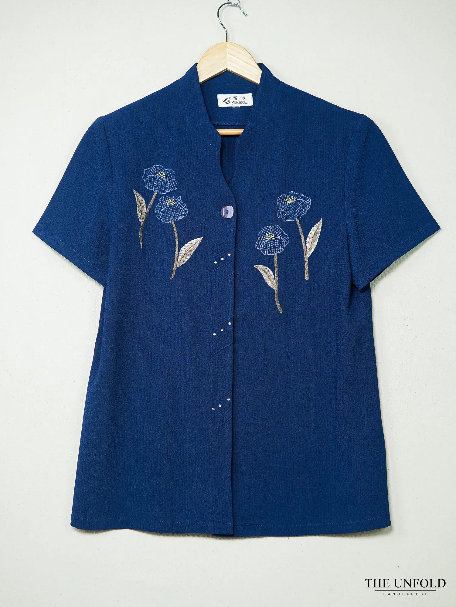 Women's Navy Blue Band Collar Floral Short Sleeve Top