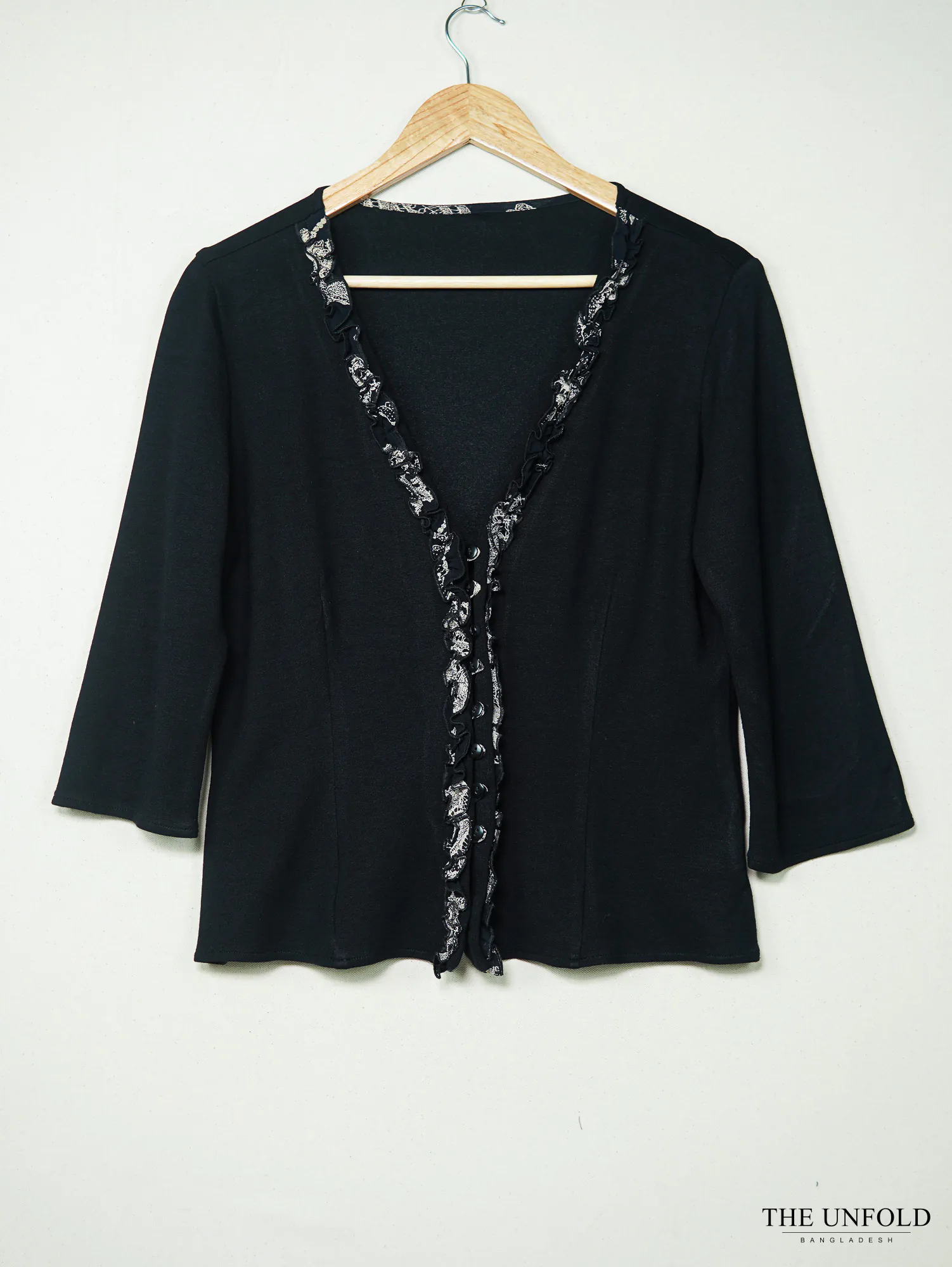 Women's Black Ruffled Trim 3/4 Sleeve Button-Front Top