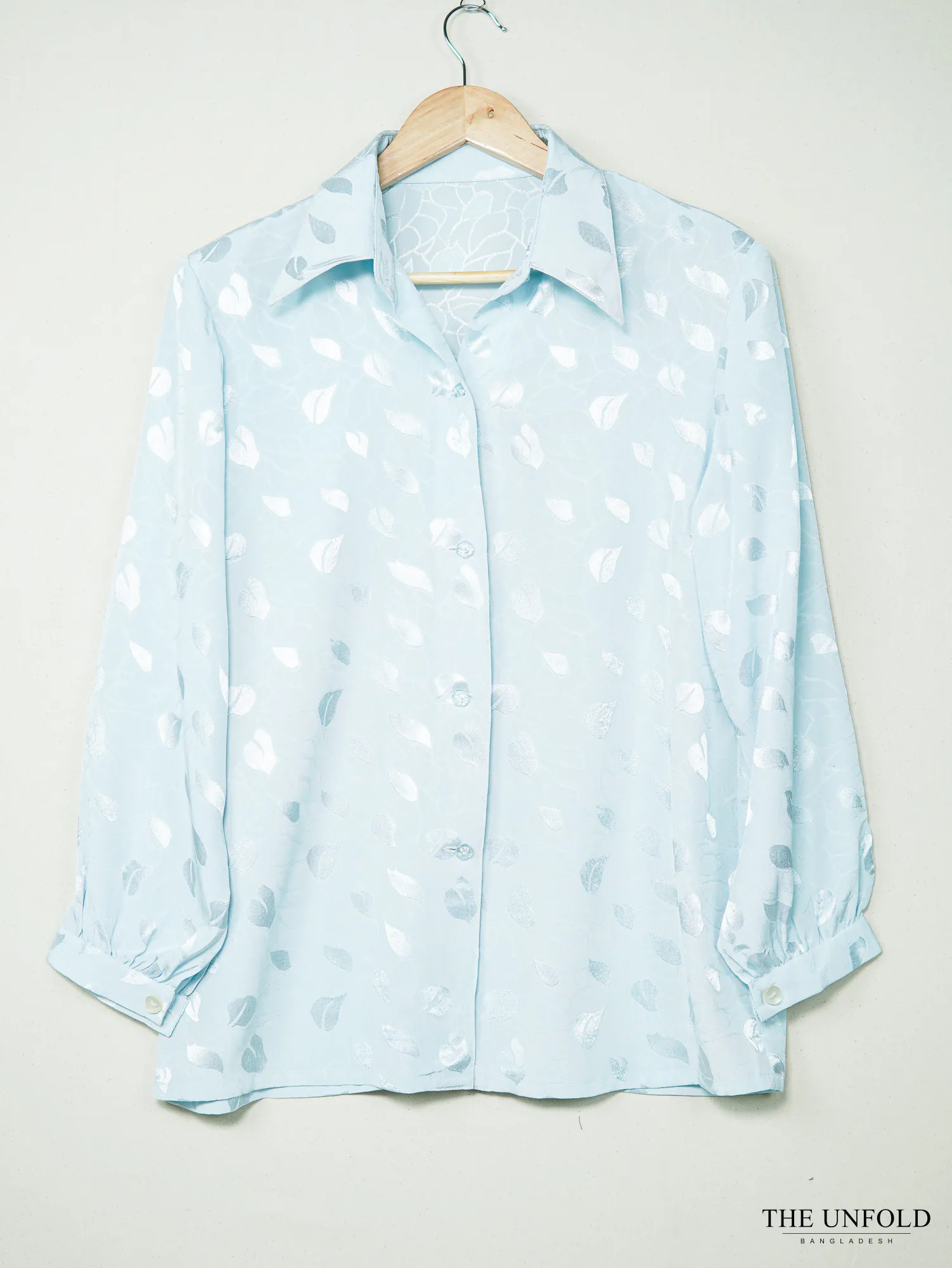 Women's Sky Blue Leaf Print Button-Down Shirt
