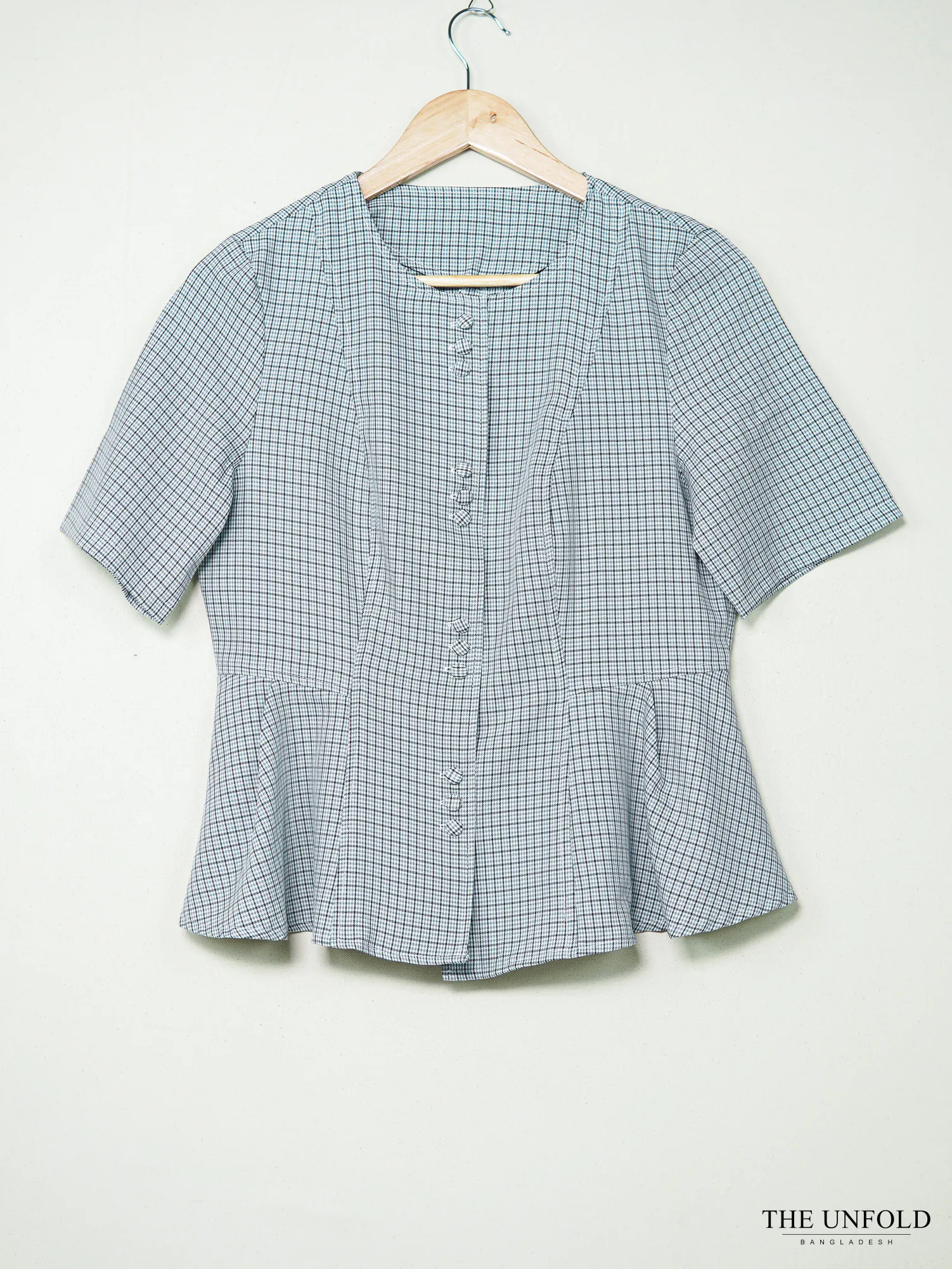 Women's Light Blue Check Peplum Top