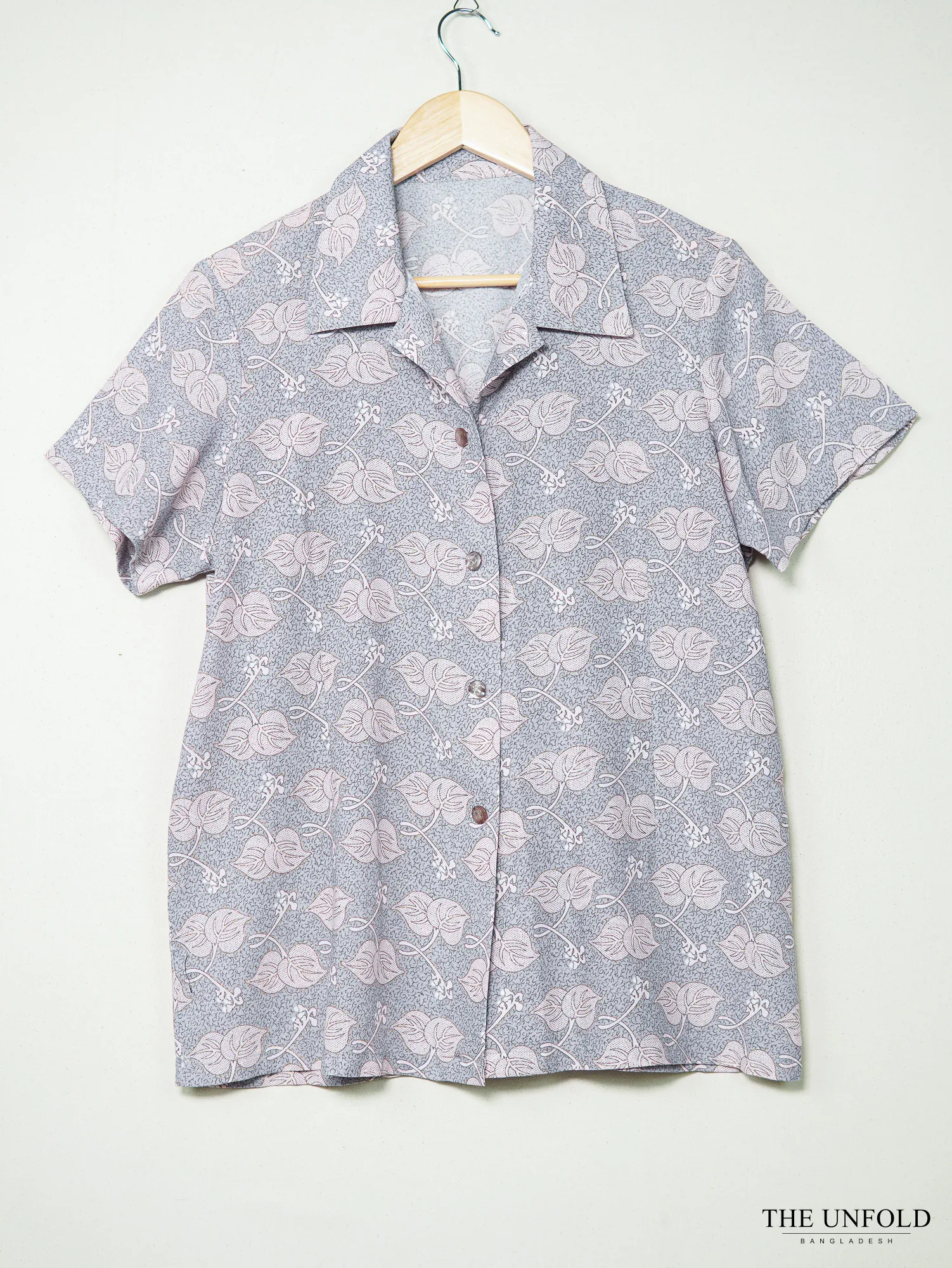 Women's Grey and Pink Floral Short Sleeve Button-Up Shirt