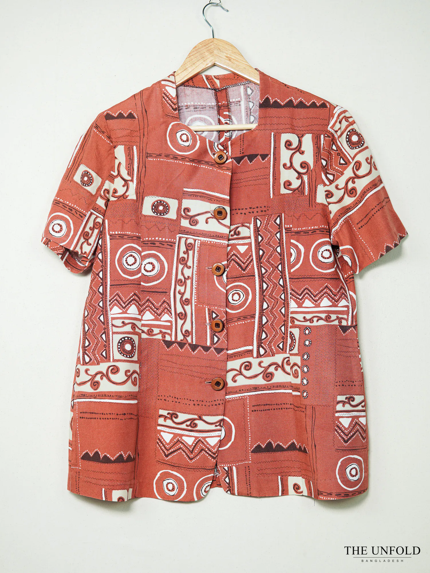 Women's Terracotta Printed Short Sleeve Button-Up Shirt