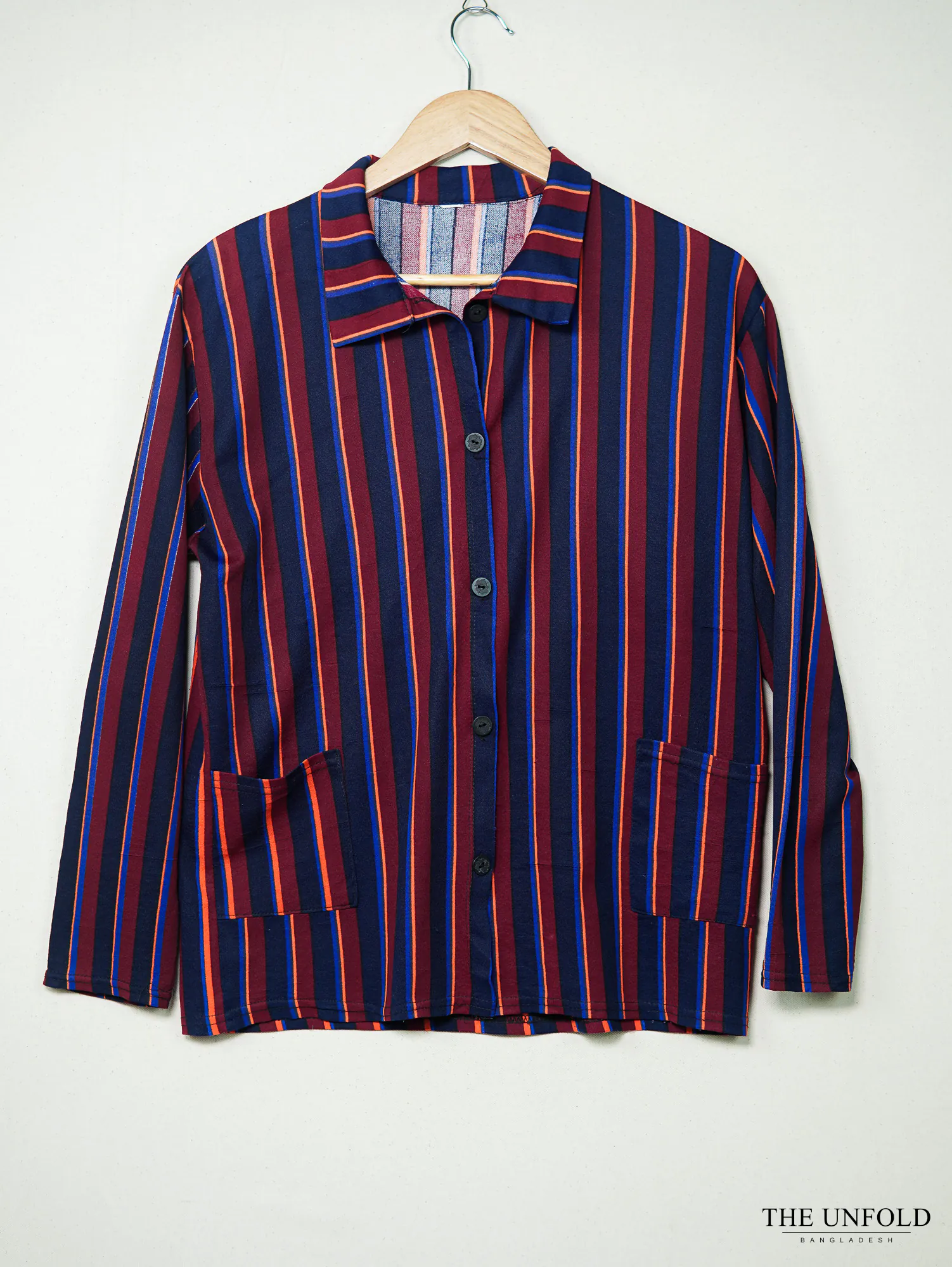Women's Navy Burgundy Striped Collared Button-Up Shirt