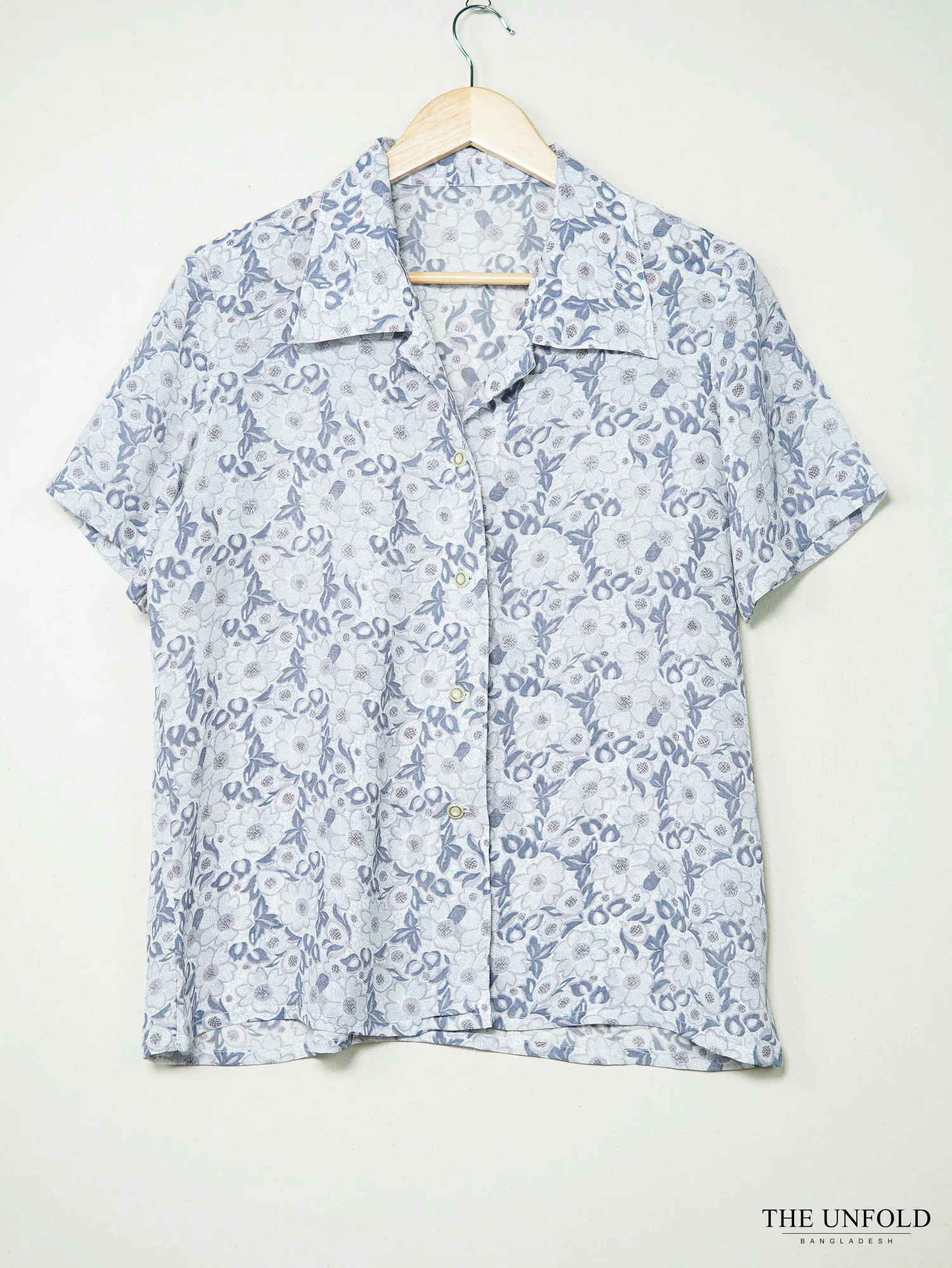 Women's Light Blue Floral Short Sleeve Button-Up Shirt