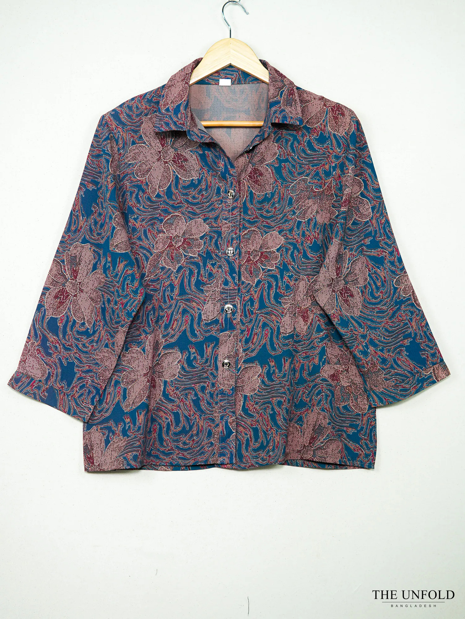 Women's Teal Multi-Color Floral Print Button-Down Shirt