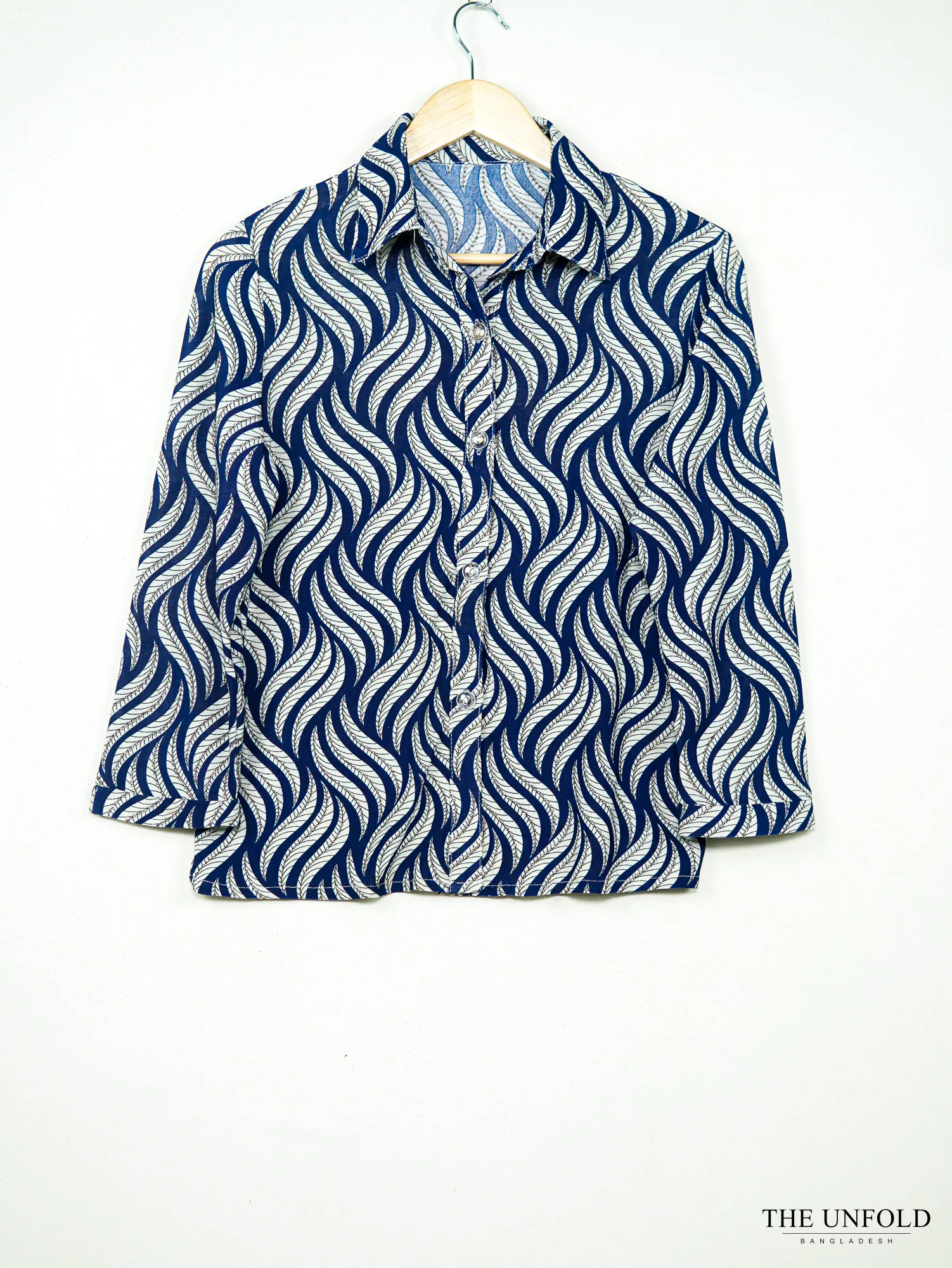 Women's Navy Blue and White Printed Button-Down Shirt