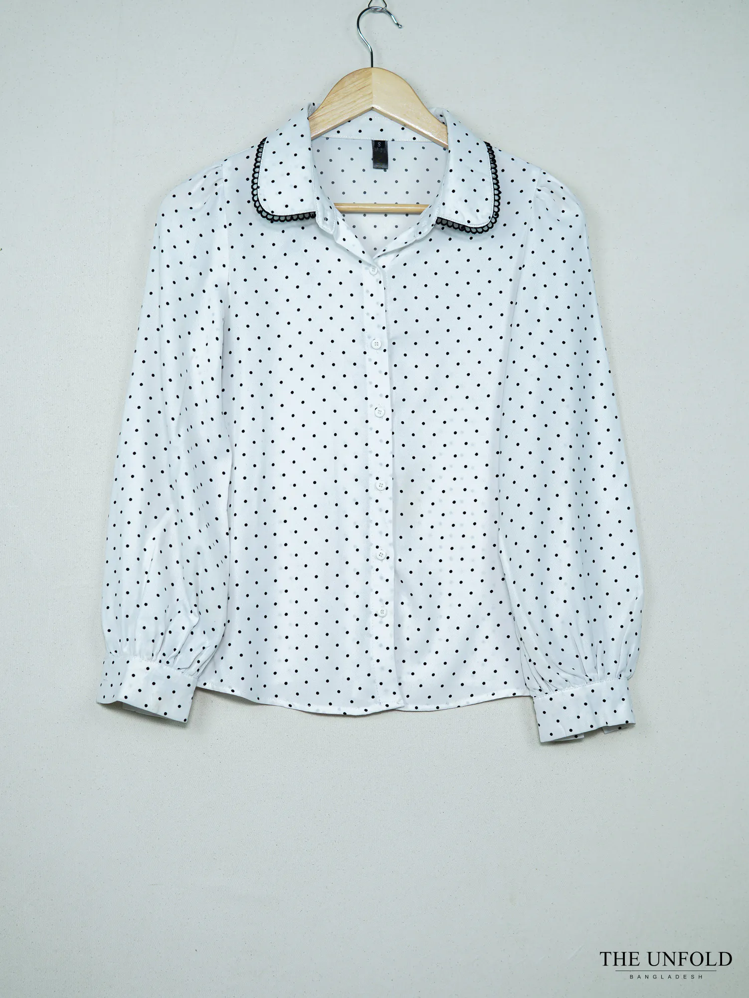 Women's White Polka Dot Collared Long Sleeve Shirt