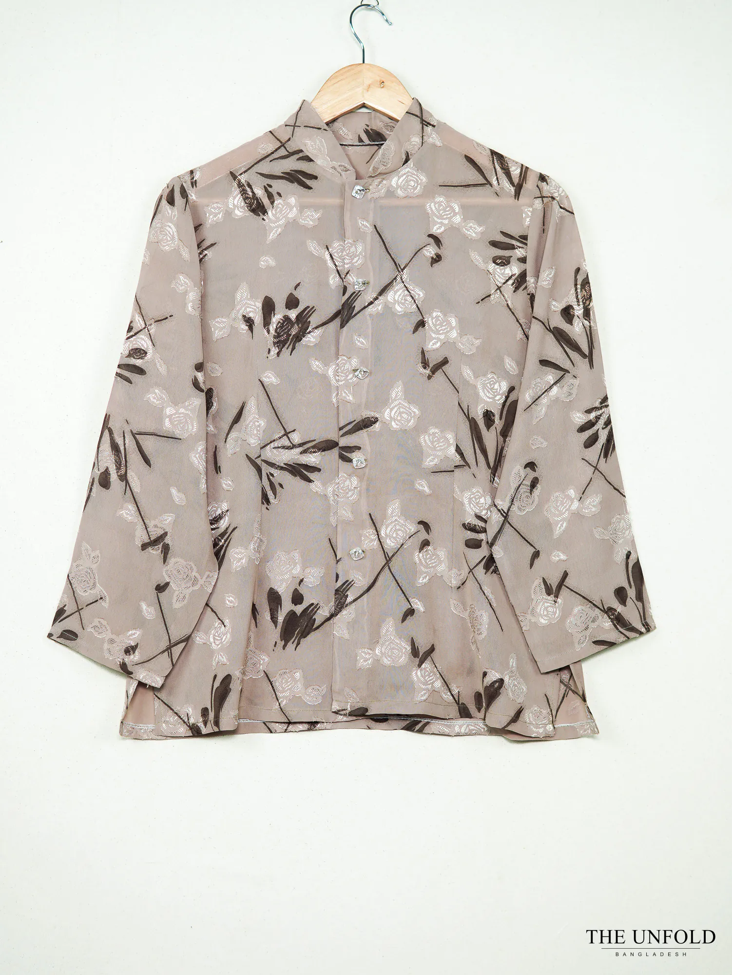 Women's Taupe Floral Printed Mandarin Collar Top