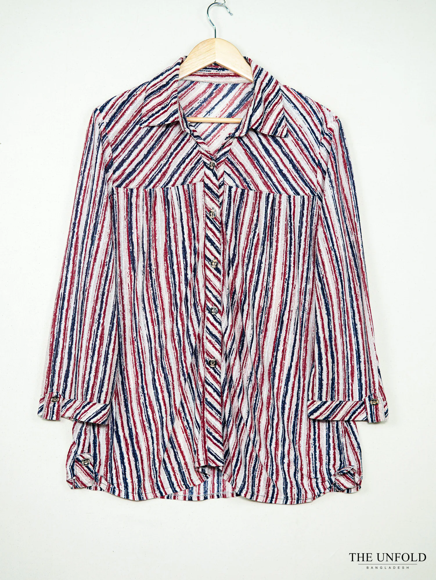 Women's Red White and Navy Blue Striped Button-Front Shirt