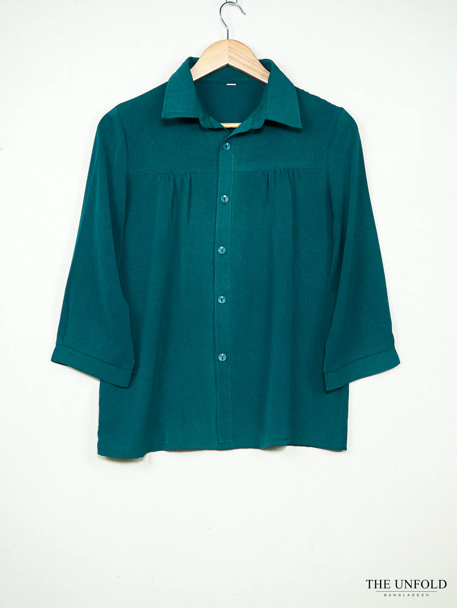 Women's Teal Collared Button-Front 3/4 Sleeve Shirt