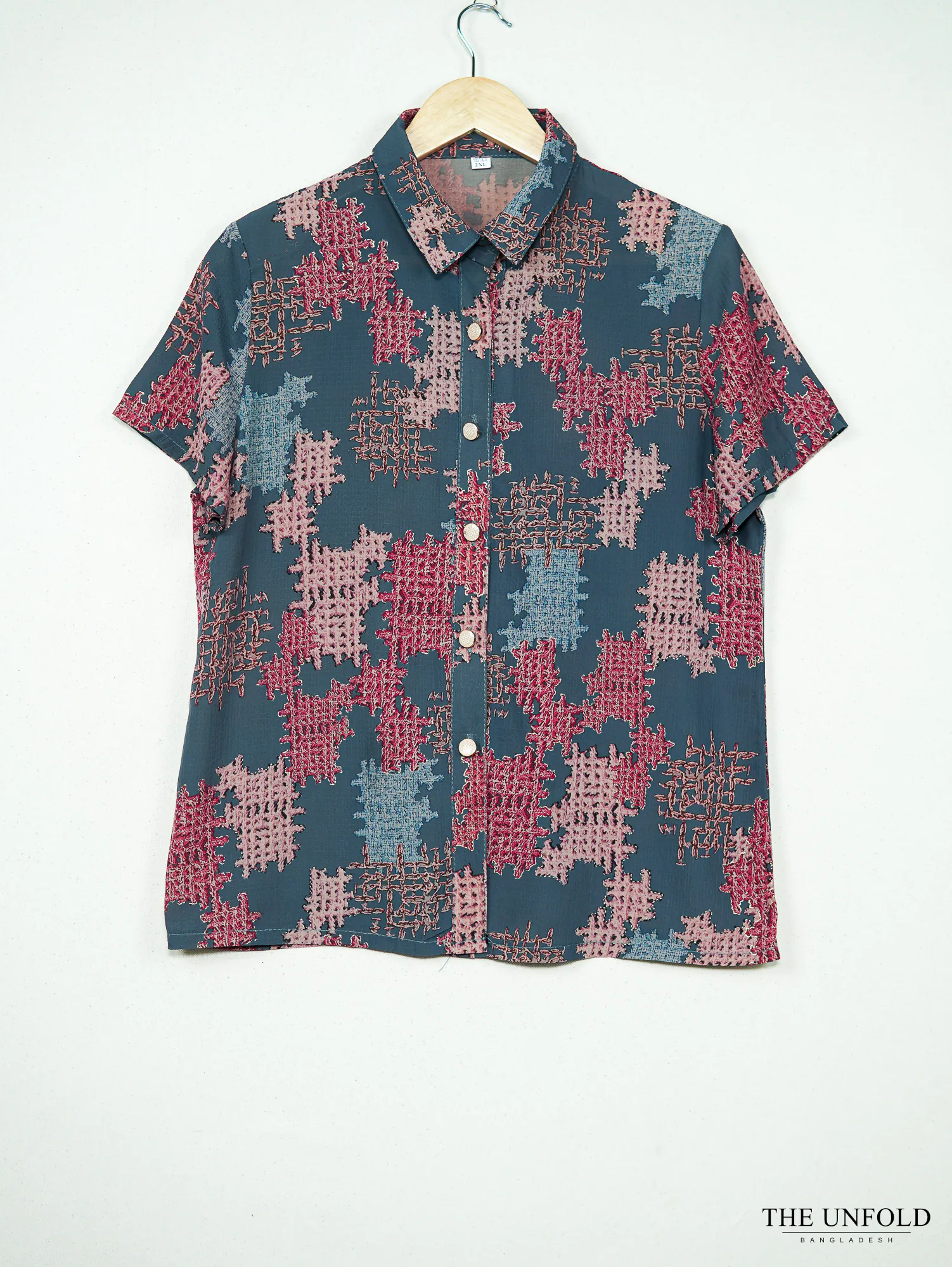 Women's Teal Blue Printed Short Sleeve Button-Front Shirt