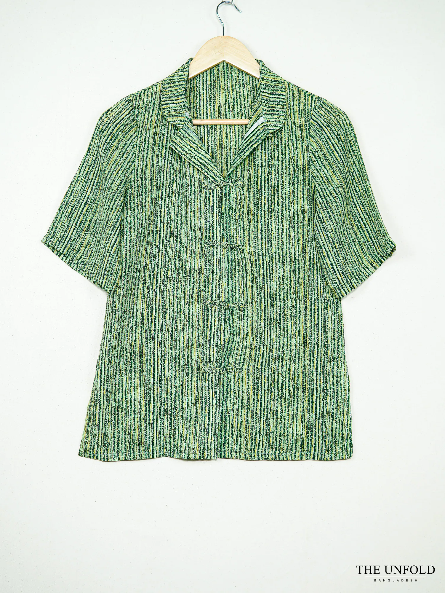 Women's Green Striped Short Sleeve Collared Shirt