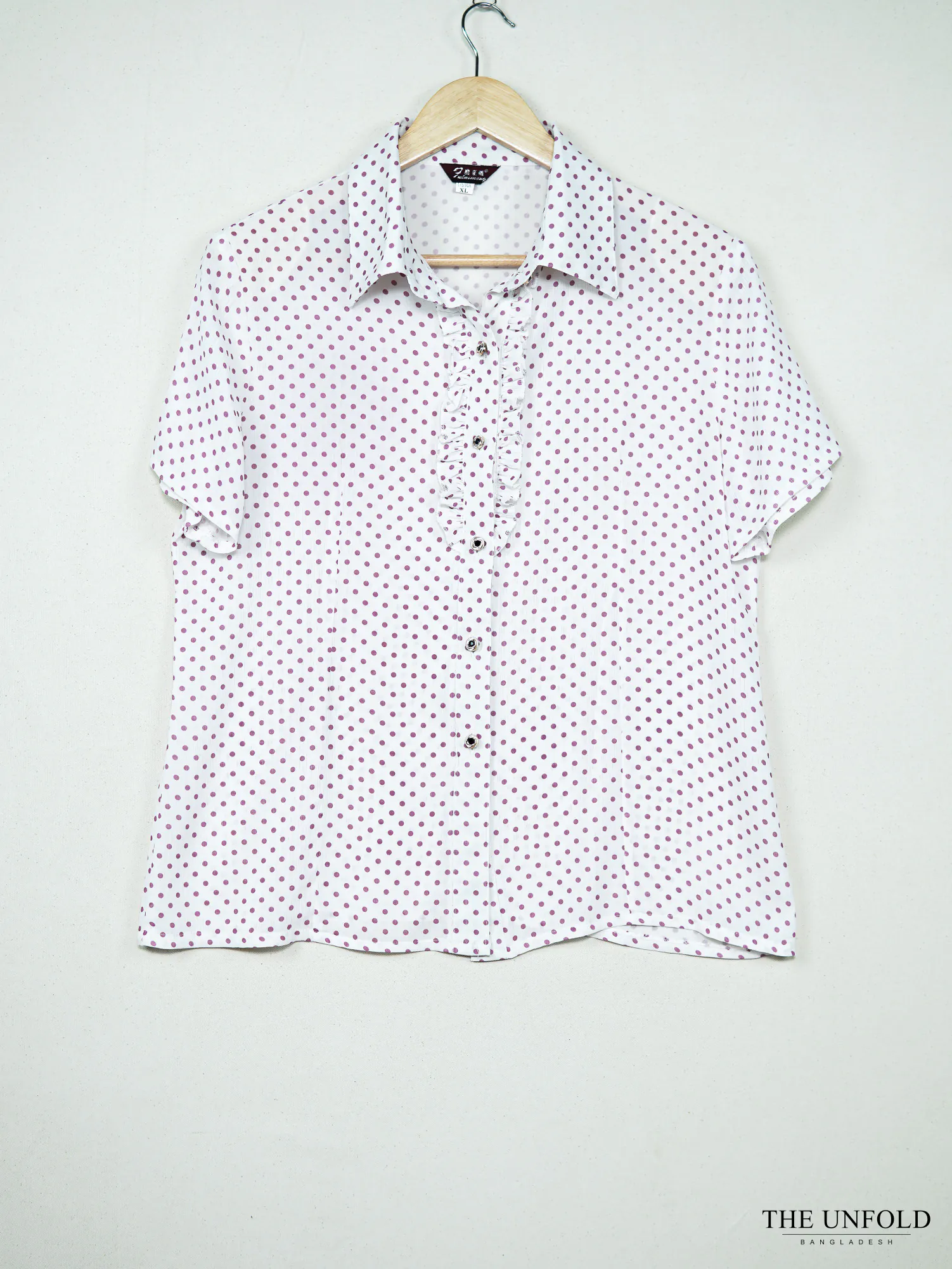 Women's White and Purple Polka Dot Collared Short Sleeve Ruffle Front Shirt