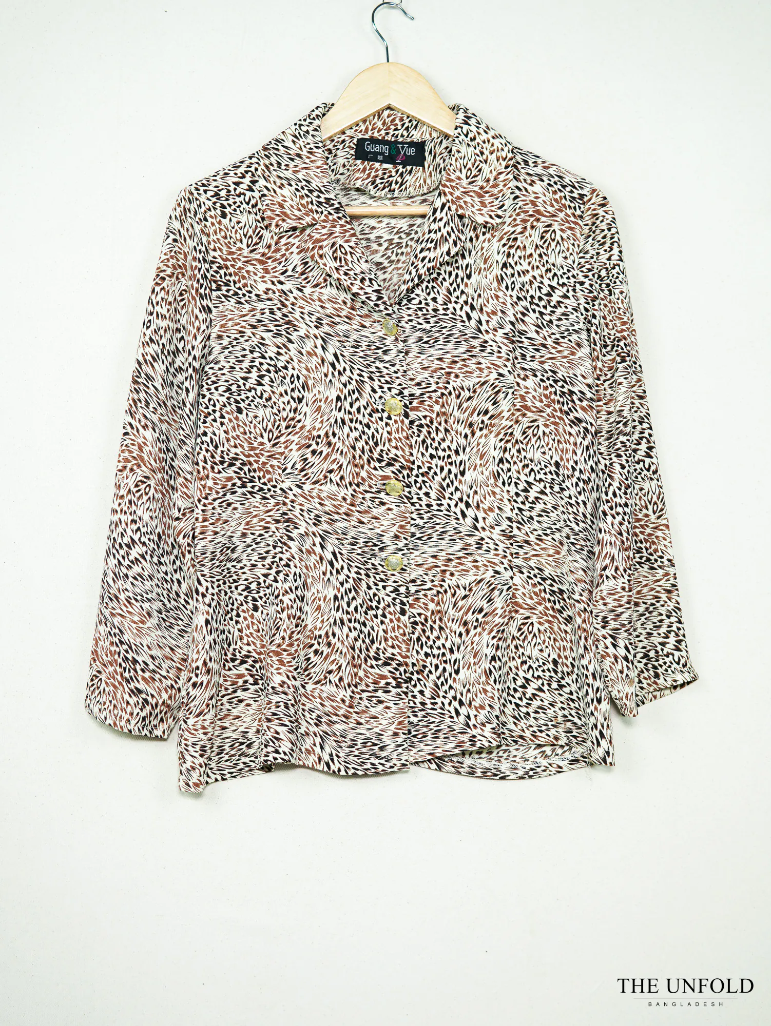 Women's Cream, Brown, Black Animal Print Collared Button-Front Shirt