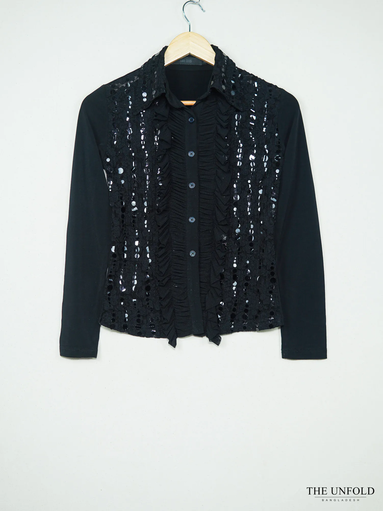 Women's Black Sequined Ruffle Top