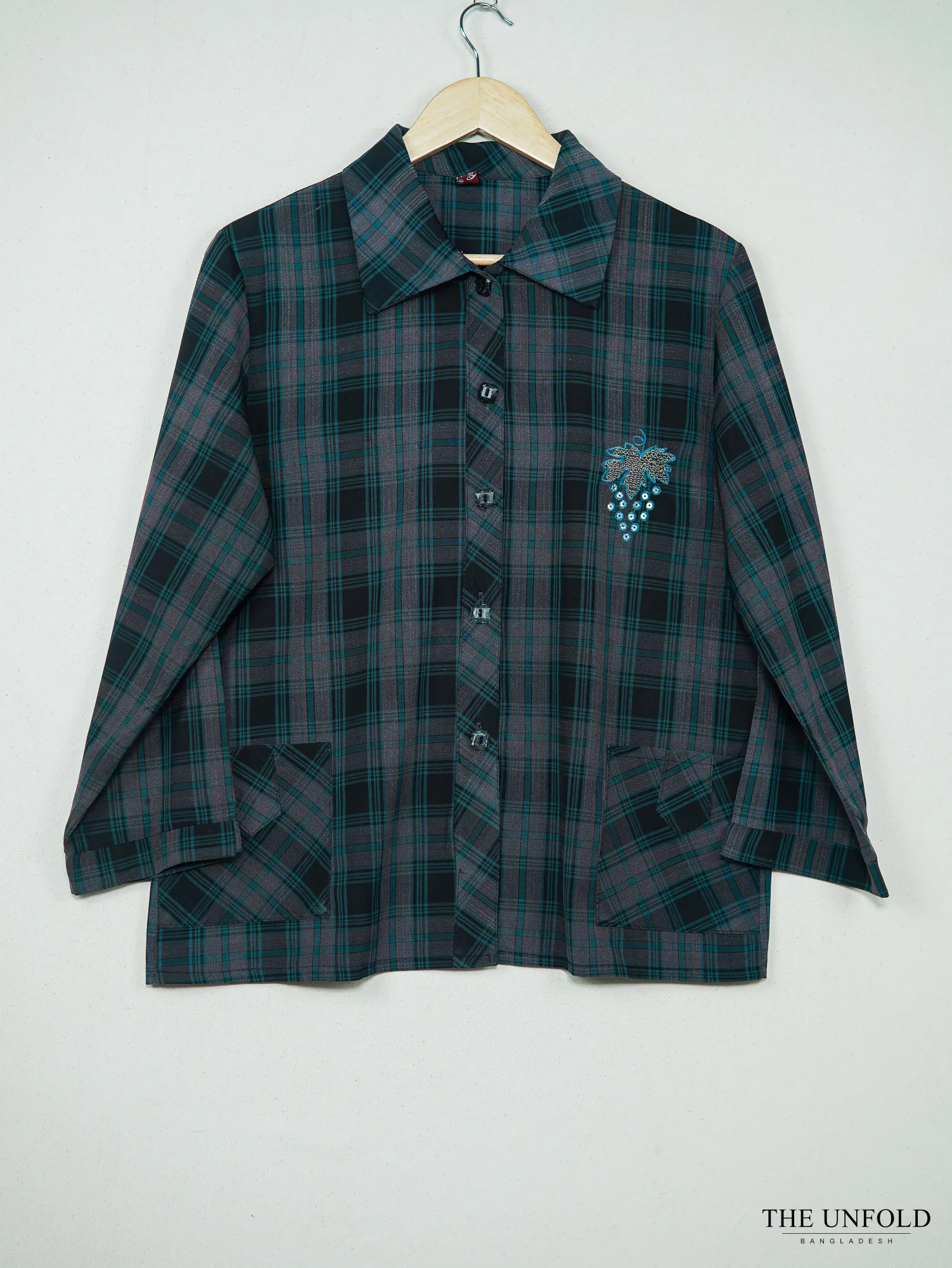 Women's Charcoal and Teal Check Embellished Long Sleeve Shirt