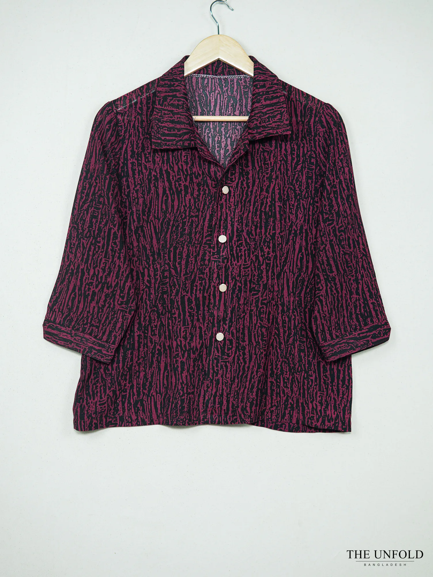 Women's Maroon and Black Printed Collared Button-Up Shirt