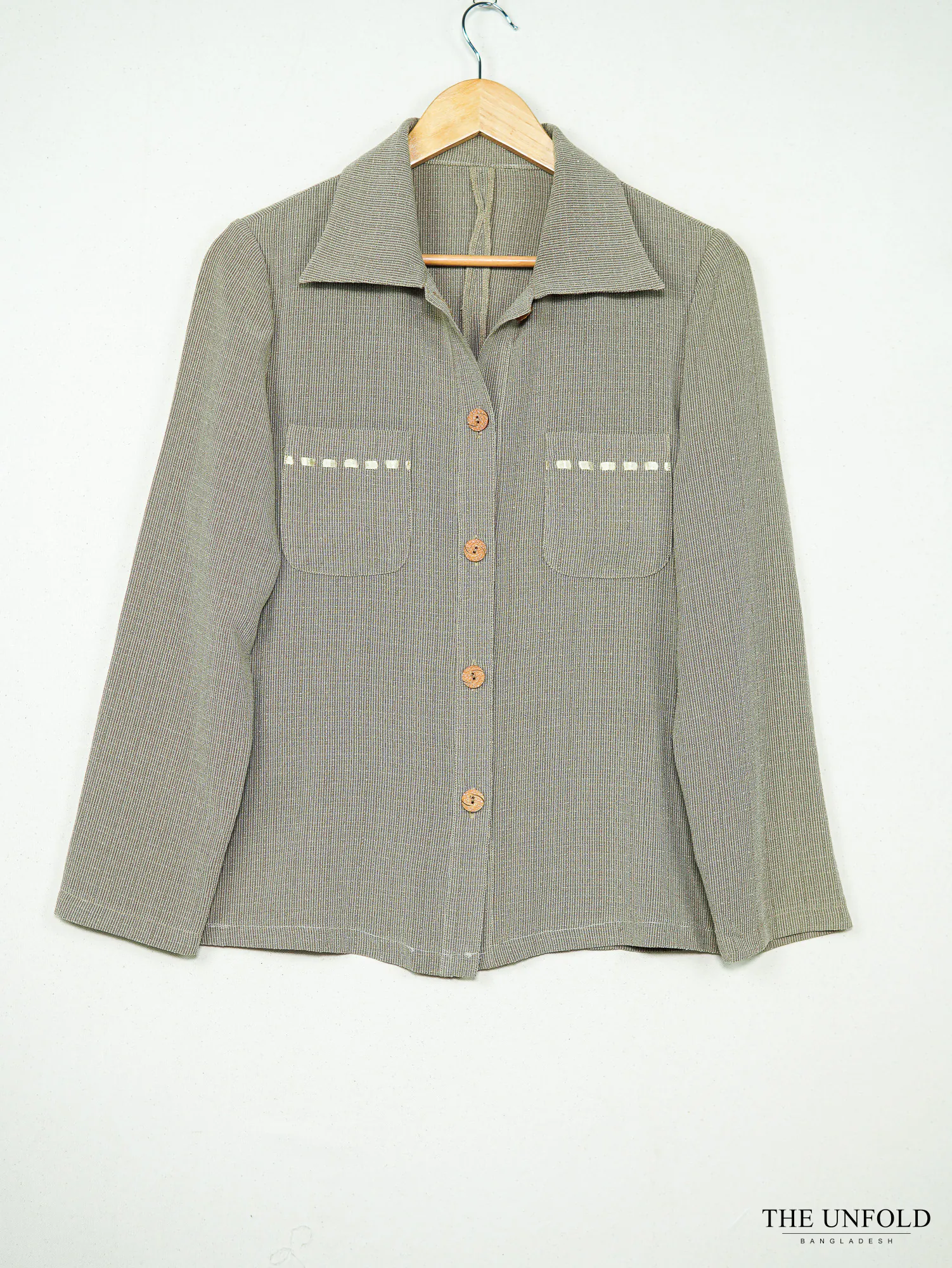 Women's Olive Green Fine Striped Collared Button-Down Shirt