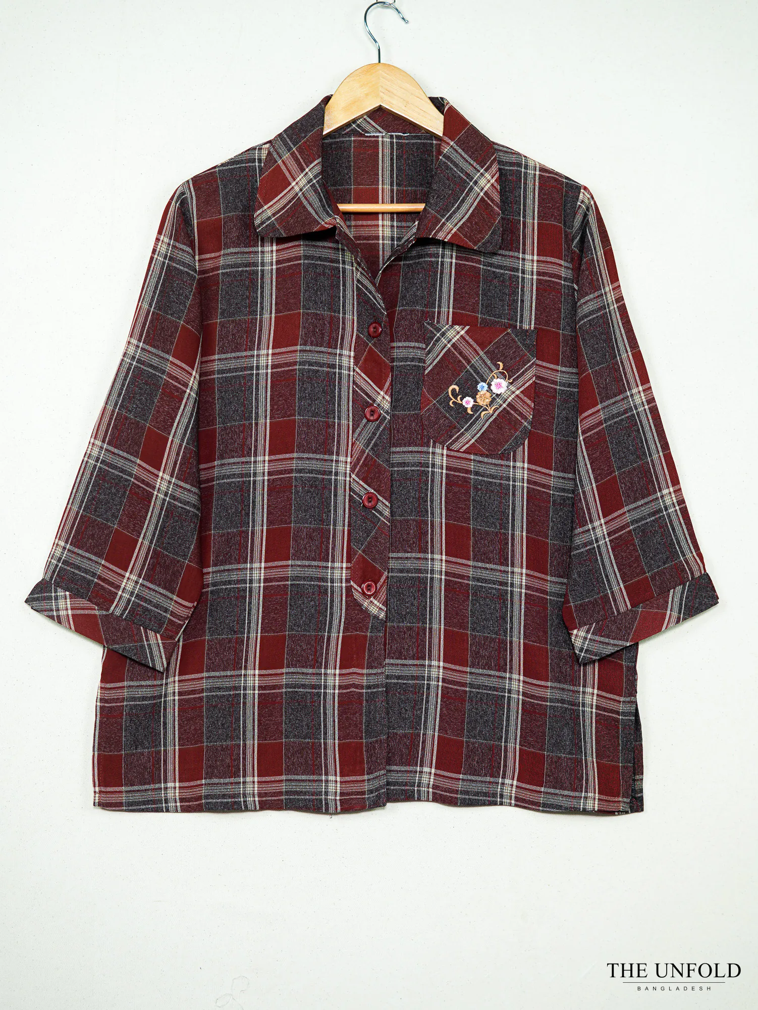 Women's Maroon and Grey Check Button-Front Shirt