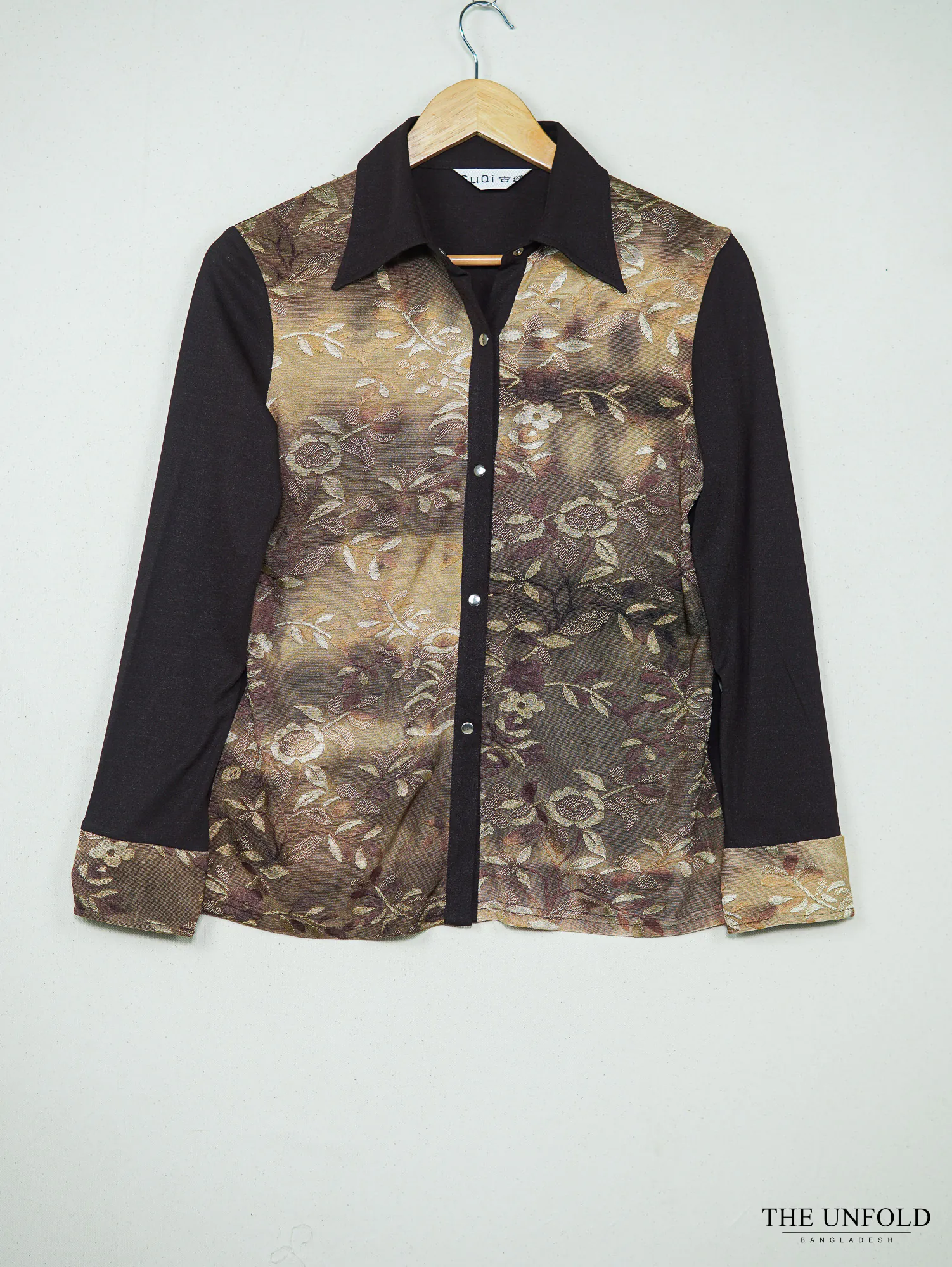 Women's Dark Brown and Gold Floral Button-Front Shirt