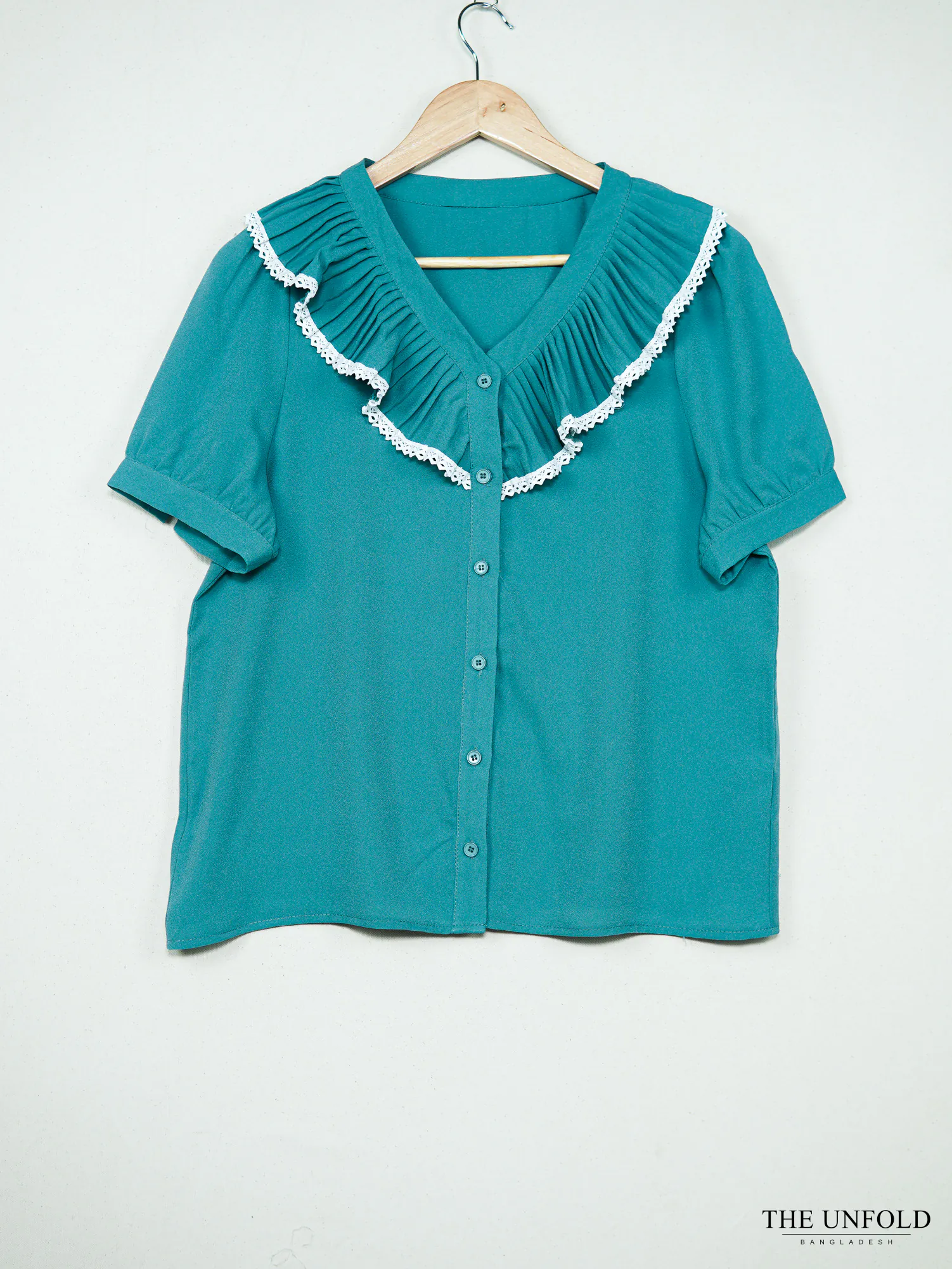 Women's Teal Ruffled V-Neck Top