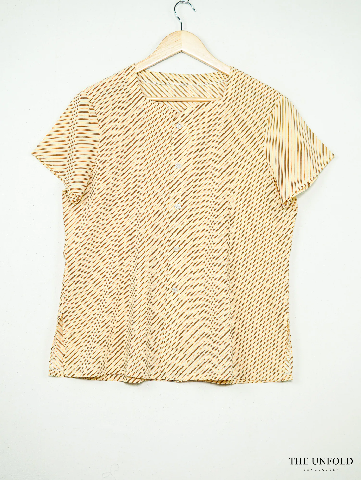 Women's Beige and Brown Striped Short Sleeve Button Front Top
