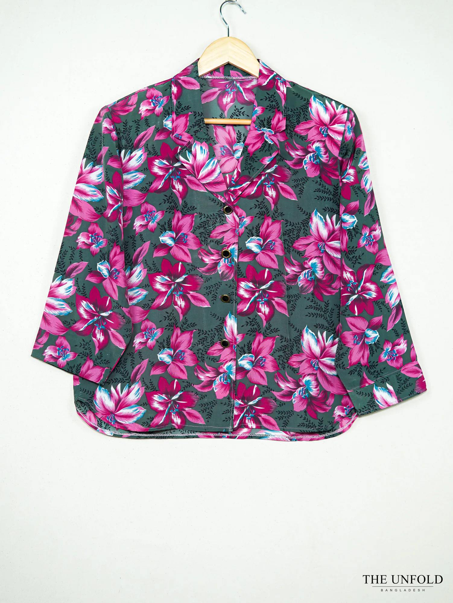 Women's Dark Green and Pink Floral Collared Shirt