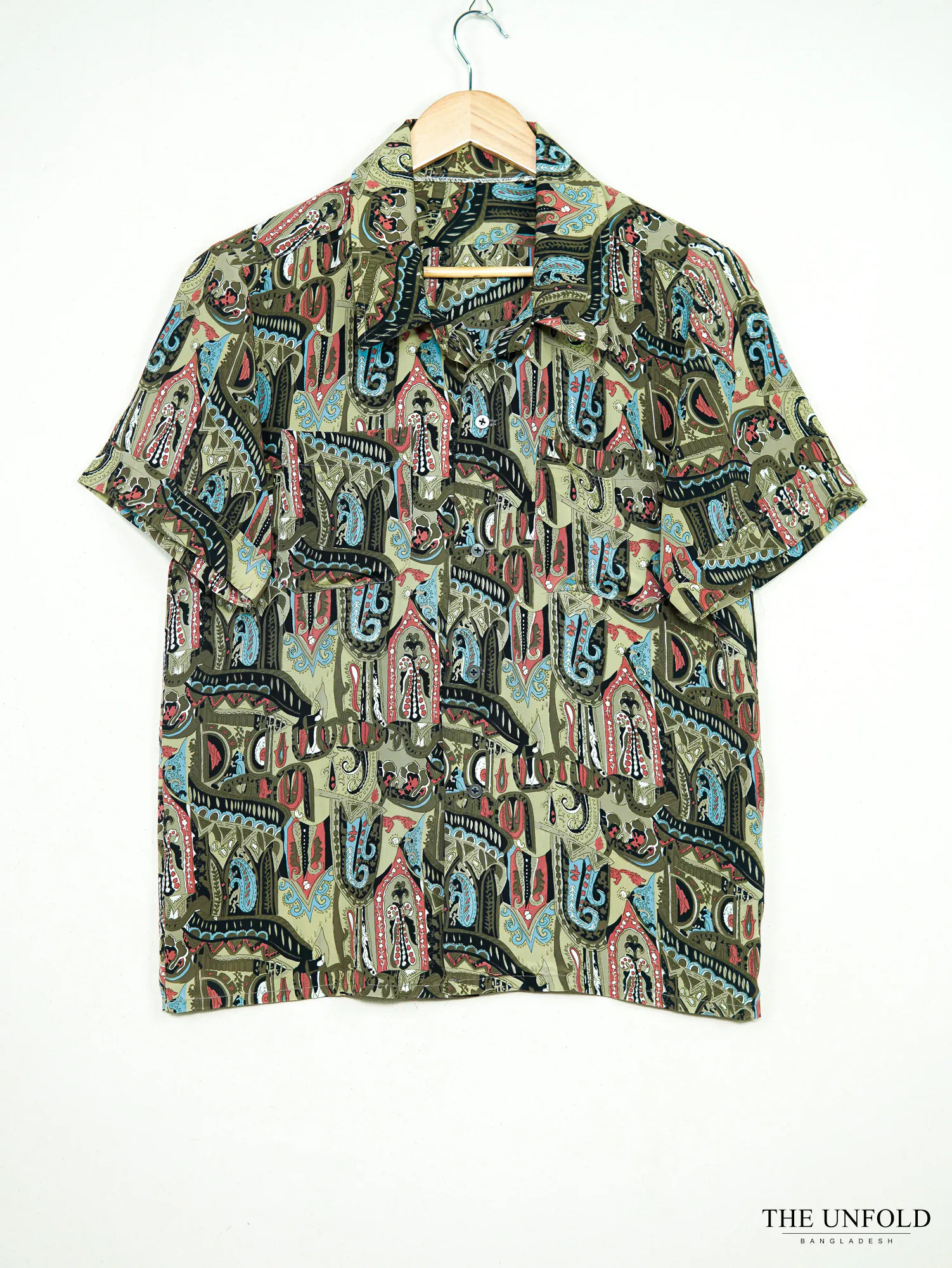 Women's Olive Green Multi-color Printed Casual Short Sleeve Shirt