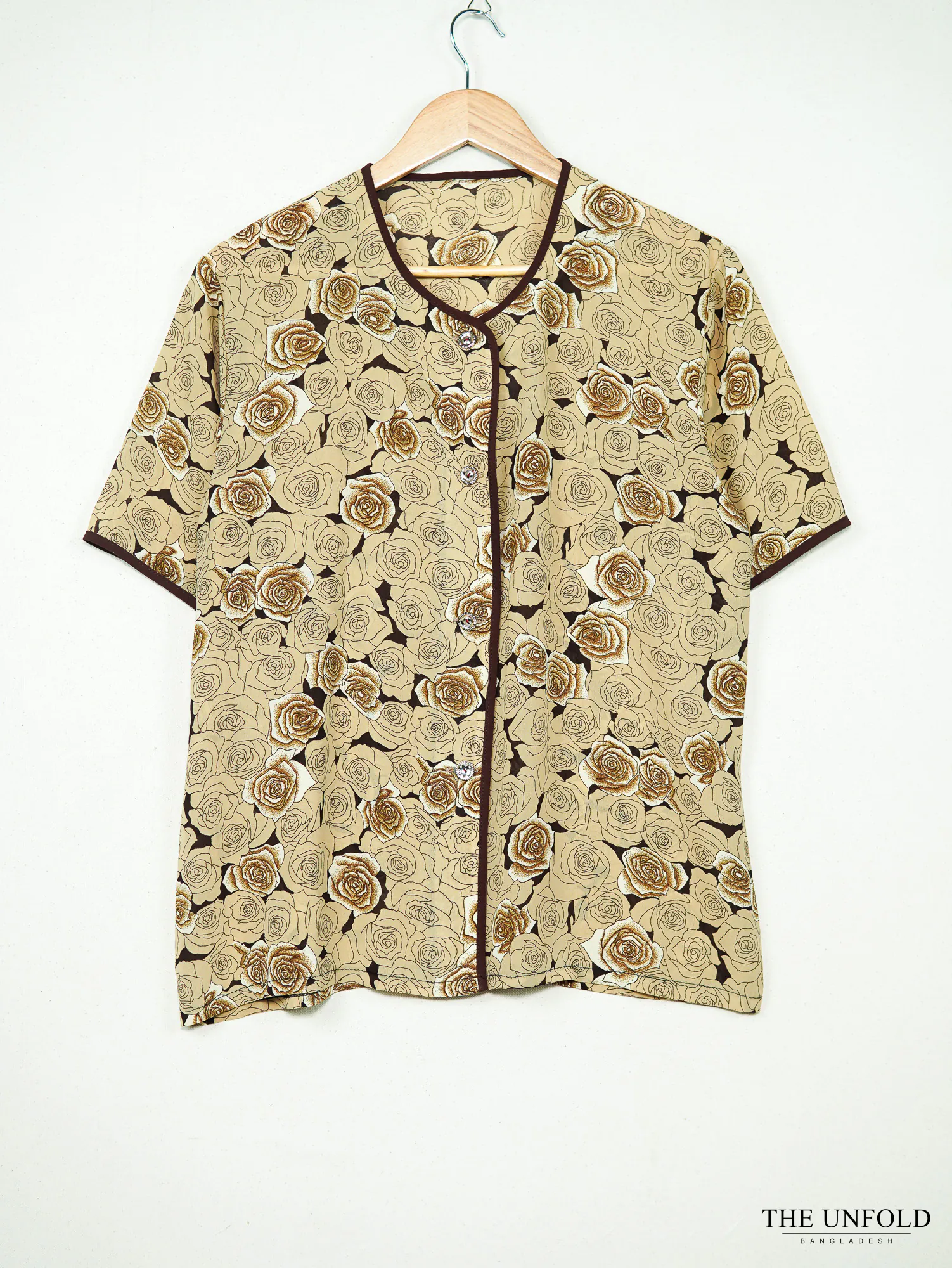 Women's Beige Floral Short Sleeve Button-Front Top