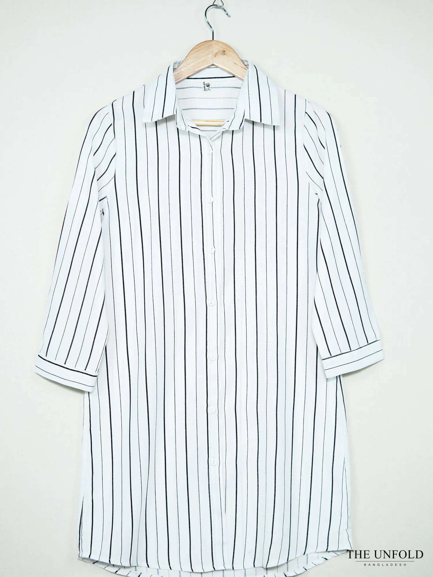 Women's White Striped Longline Button-Down Shirt
