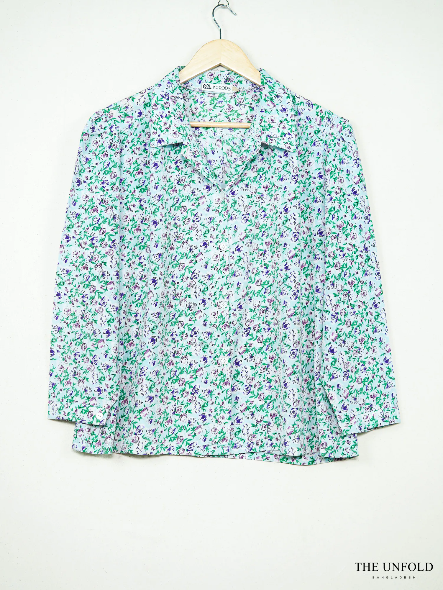 Women's Light Blue Floral Long Sleeve Collared Top