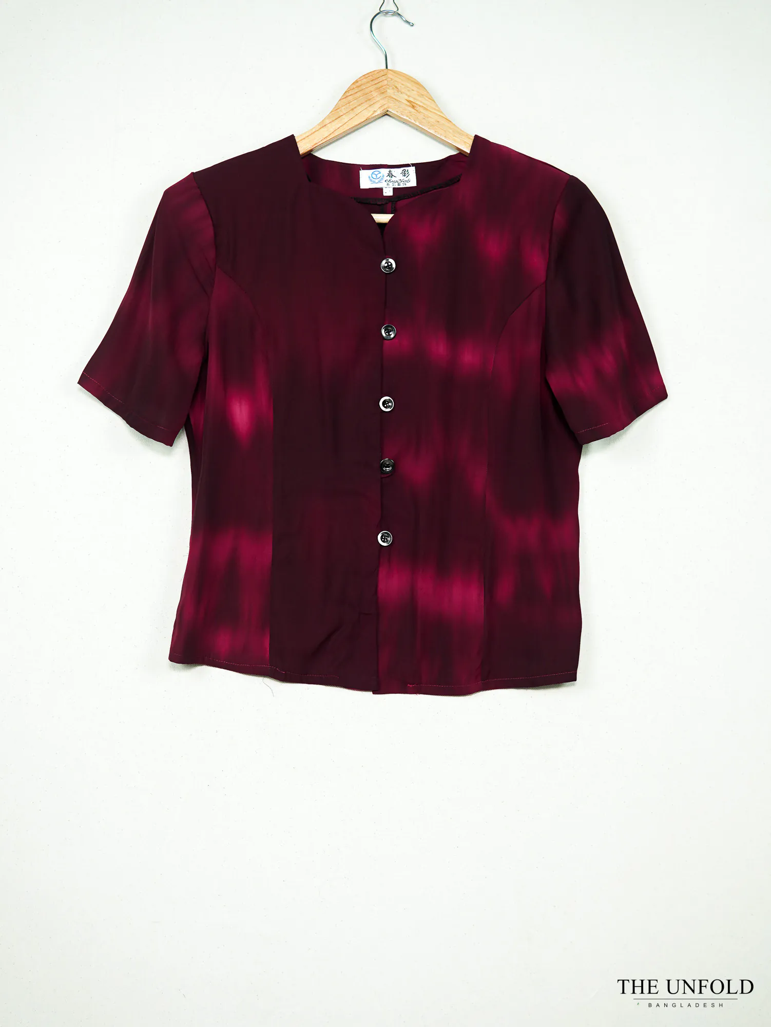 Women's Burgundy Printed Short Sleeve Button-Front Top