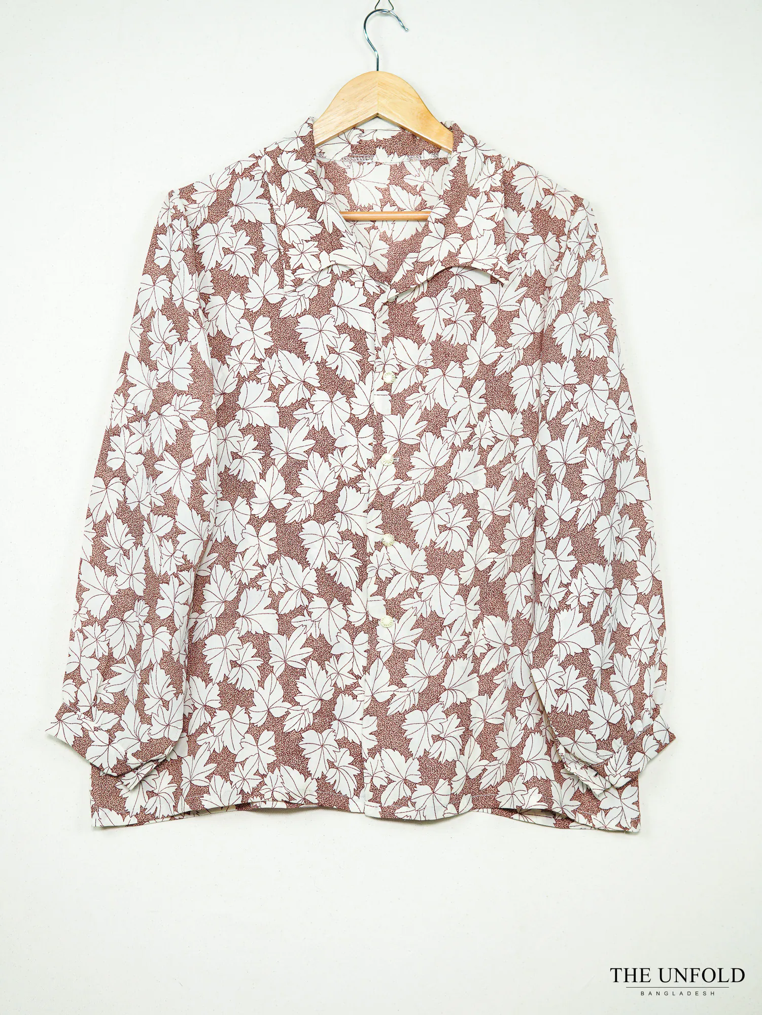 Women's Brown and White Printed Collared Button-Up Shirt