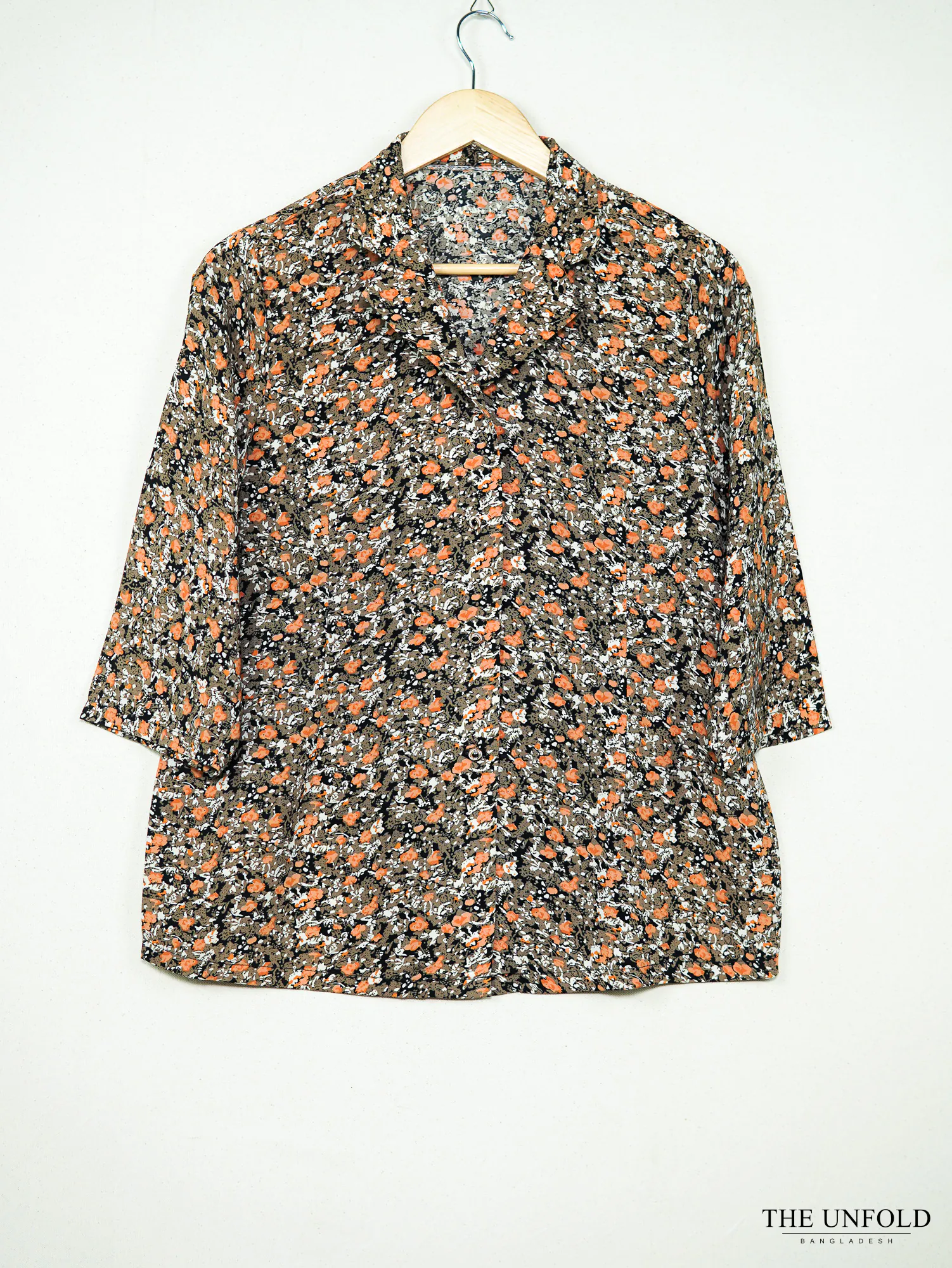 Women's Black Brown Orange Floral Collared Top