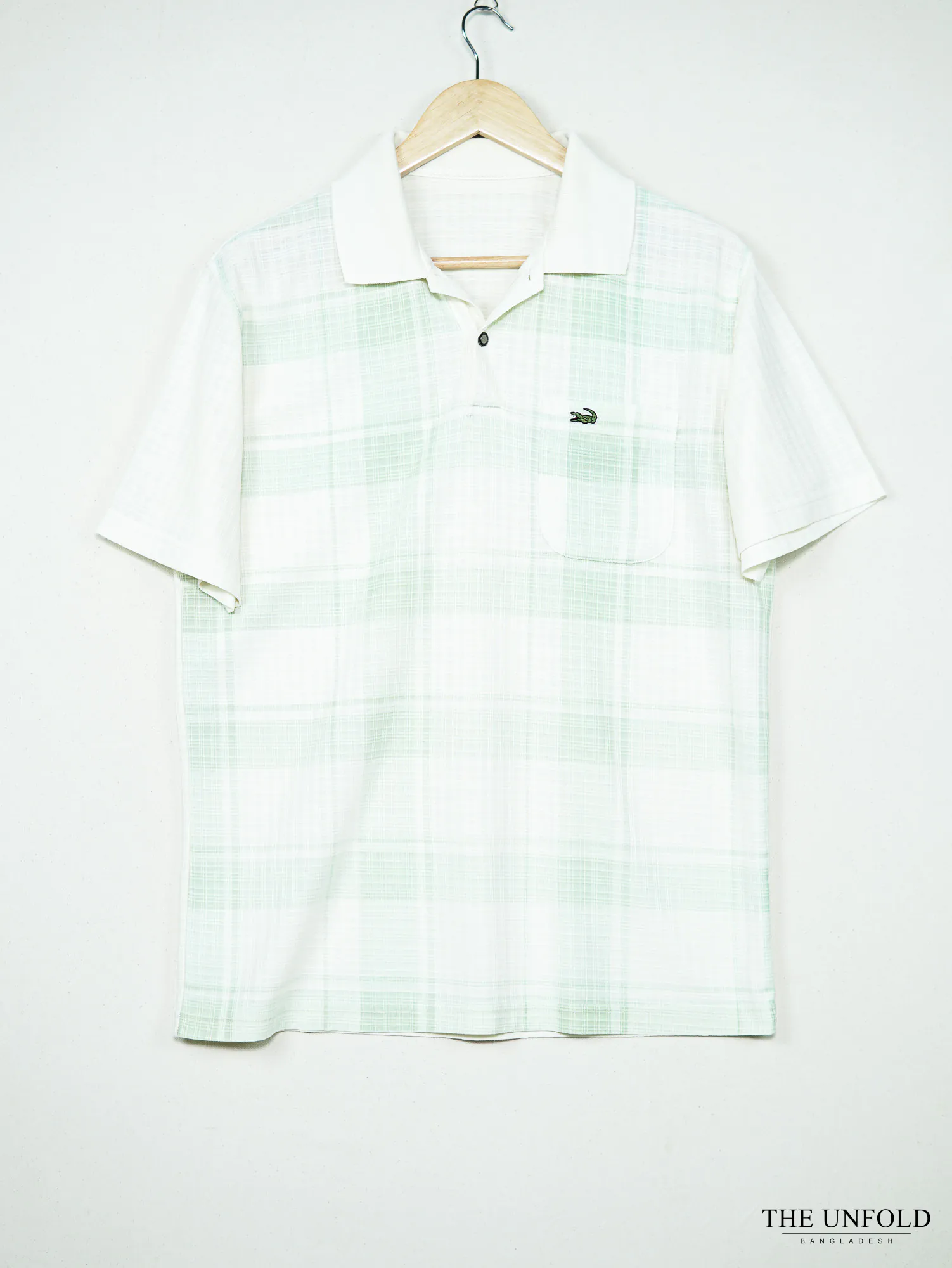 Women's White and Light Green Check Polo Shirt