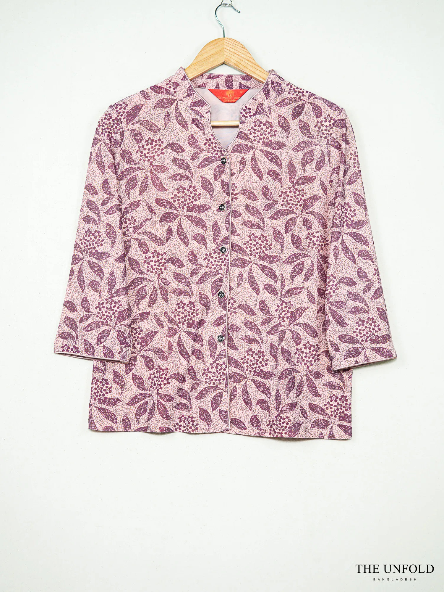 Women's Mauve Printed Floral Mandarin Collar Top