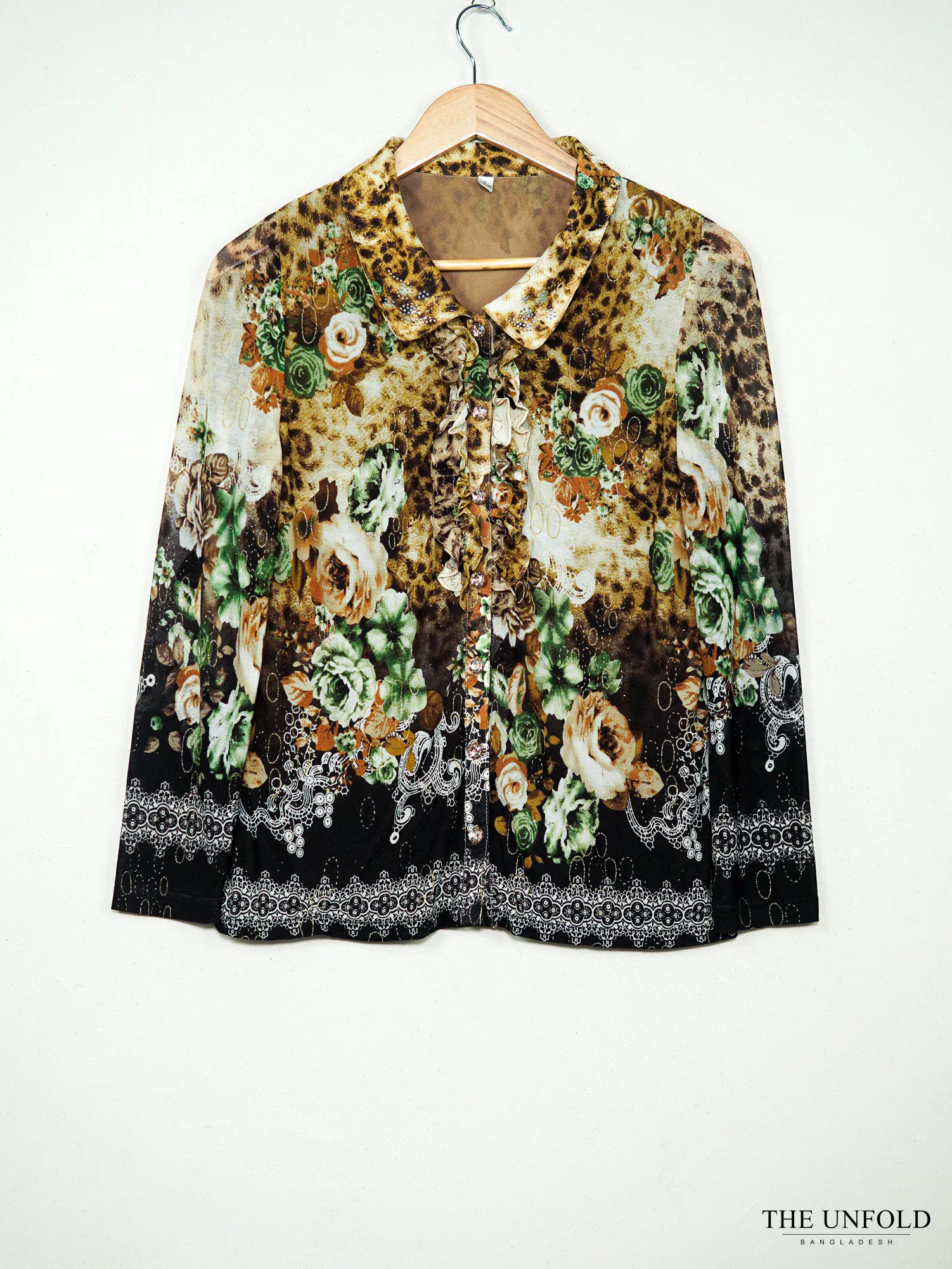 Women's Brown Multi-color Floral Animal Print Ruffled Collared Shirt