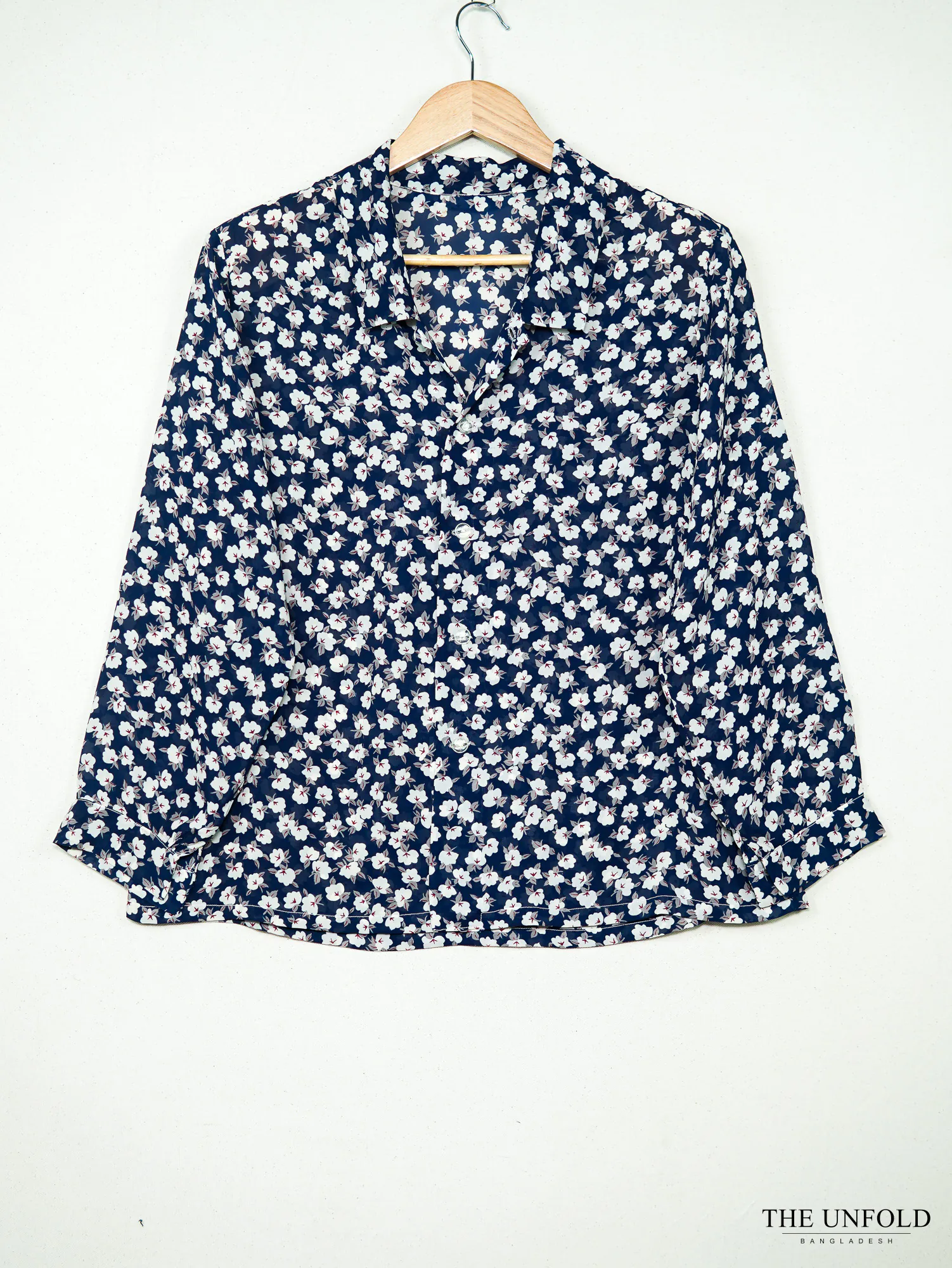 Women's Navy Blue Floral Print Long Sleeve Collared Shirt